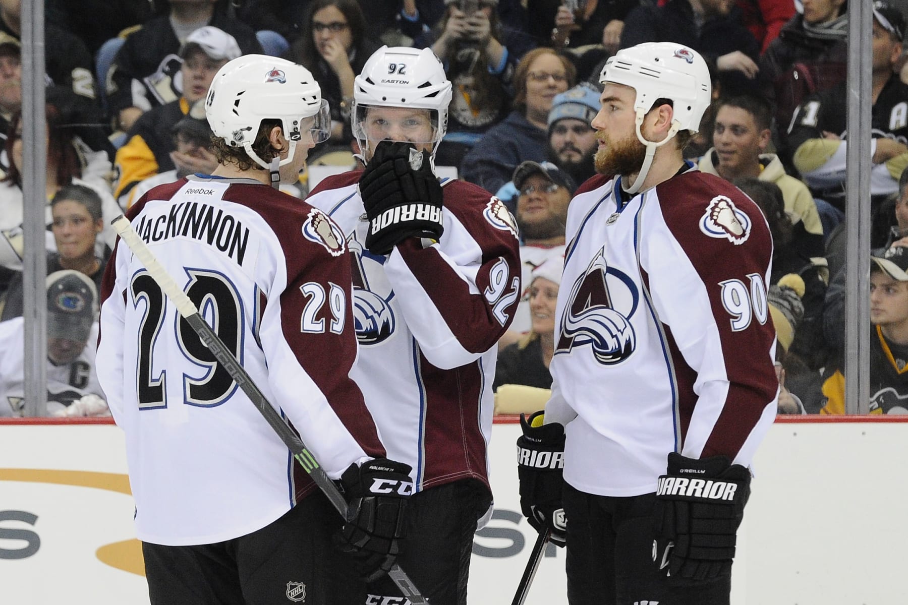 PITTSBURGH, PA - DECEMBER 18: Nathan MacKinnon #29, Gabriel Landeskog #92 and Ryan O'Reilly #90 of the Colorado Avalanche talk before a faceoff in the second period at Consol Energy Center on December 18, 2014 in Pittsburgh, Pennsylvania. (Photo by Daniel Kubus/Getty Images)