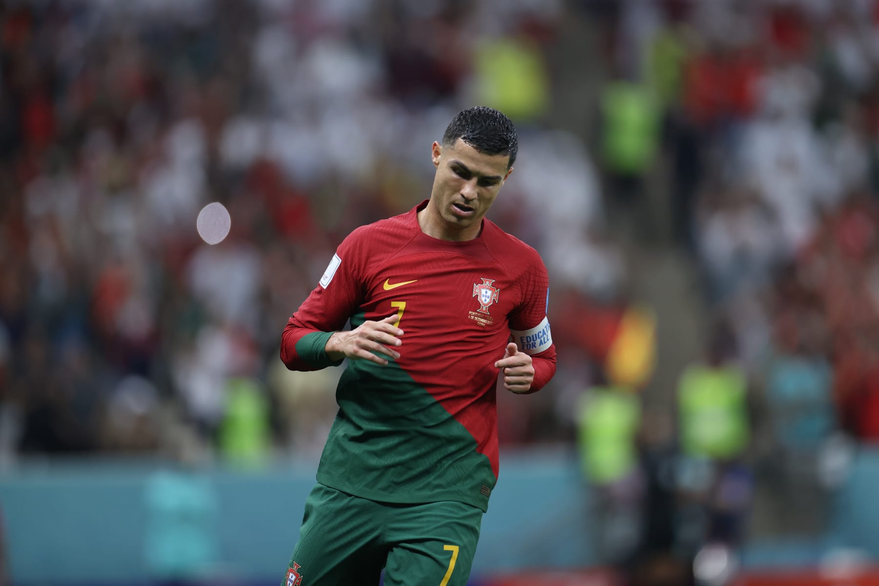 LUSAIL CITY, QATAR - DECEMBER 06: Cristiano Ronaldo (7) of Portugal gestures during the FIFA World Cup Qatar 2022 Round of 16 match between Portugal and Switzerland at Lusail Stadium on December 06, 2022 in Lusail City, Qatar. (Photo by Fareed Kotb/Anadolu Agency via Getty Images)