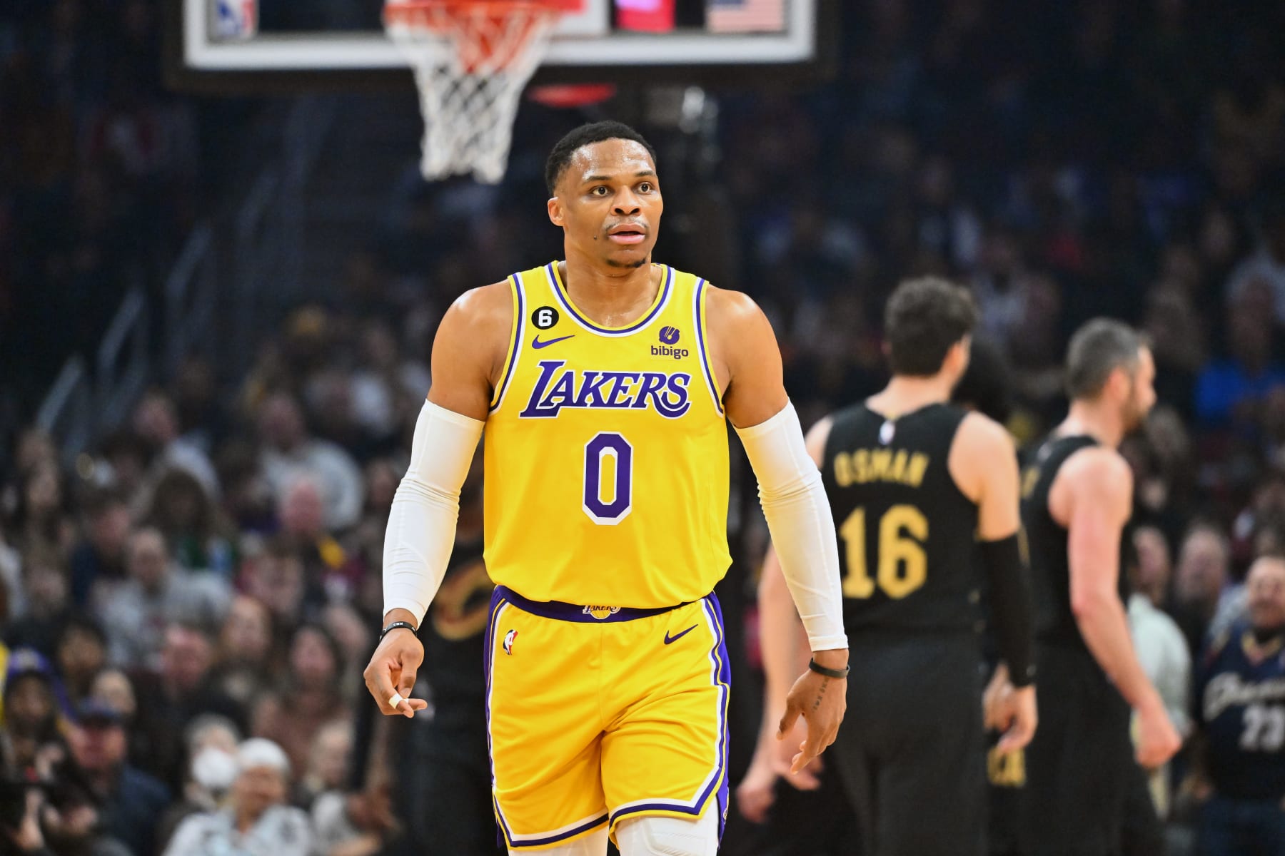 CLEVELAND, OHIO - DECEMBER 06: Russell Westbrook #0 of the Los Angeles Lakers walks to the bench during the first quarter against the Cleveland Cavaliers at Rocket Mortgage Fieldhouse on December 06, 2022 in Cleveland, Ohio. NOTE TO USER: User expressly acknowledges and agrees that, by downloading and or using this photograph, User is consenting to the terms and conditions of the Getty Images License Agreement. (Photo by Jason Miller/Getty Images)