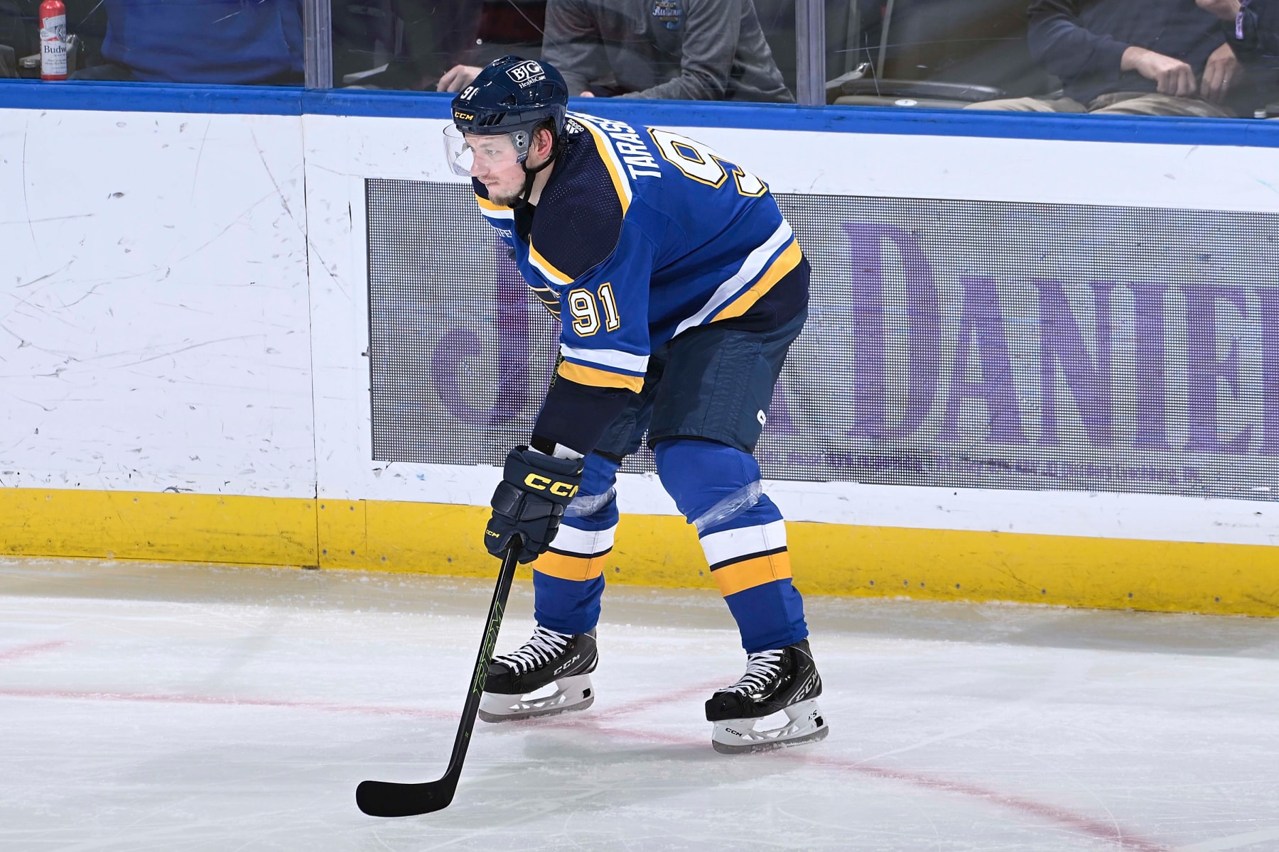 ST. LOUIS, MO - DECEMBER 1: Vladimir Tarasenko #91 of the St. Louis Blues looks on during a game against the Carolina Hurricanes at the Enterprise Center on December 1, 2022 in St. Louis, Missouri. (Photo by Joe Puetz/NHLI via Getty Images)