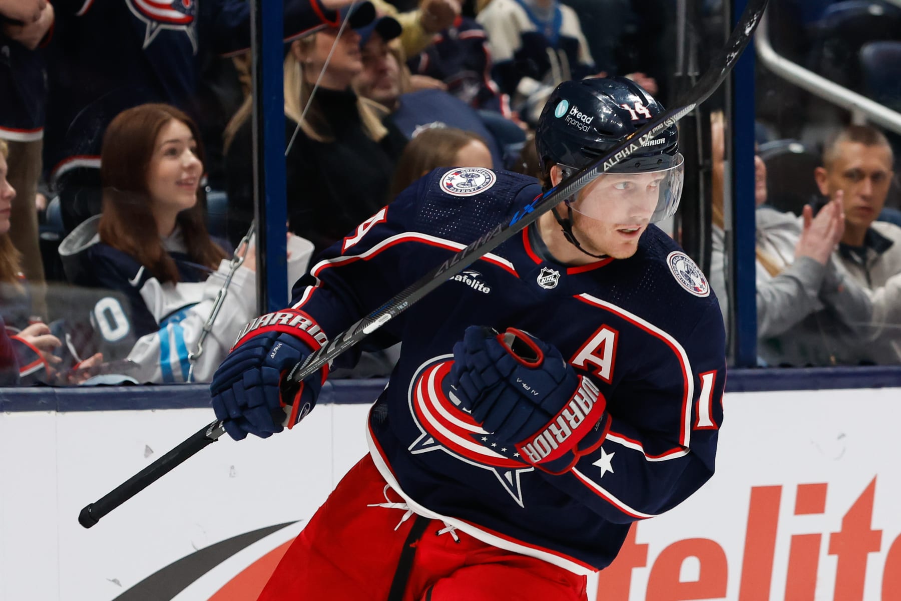 COLUMBUS, OH - DECEMBER 07: Columbus Blue Jackets left wing Gustav Nyquist (14) during the third period in a game between the Columbus Blue Jackets and the Buffalo Sabres on December 7, 2022, at Nationwide Arena in Columbus, Ohio. (Photo by Graham Stokes/Icon Sportswire via Getty Images)