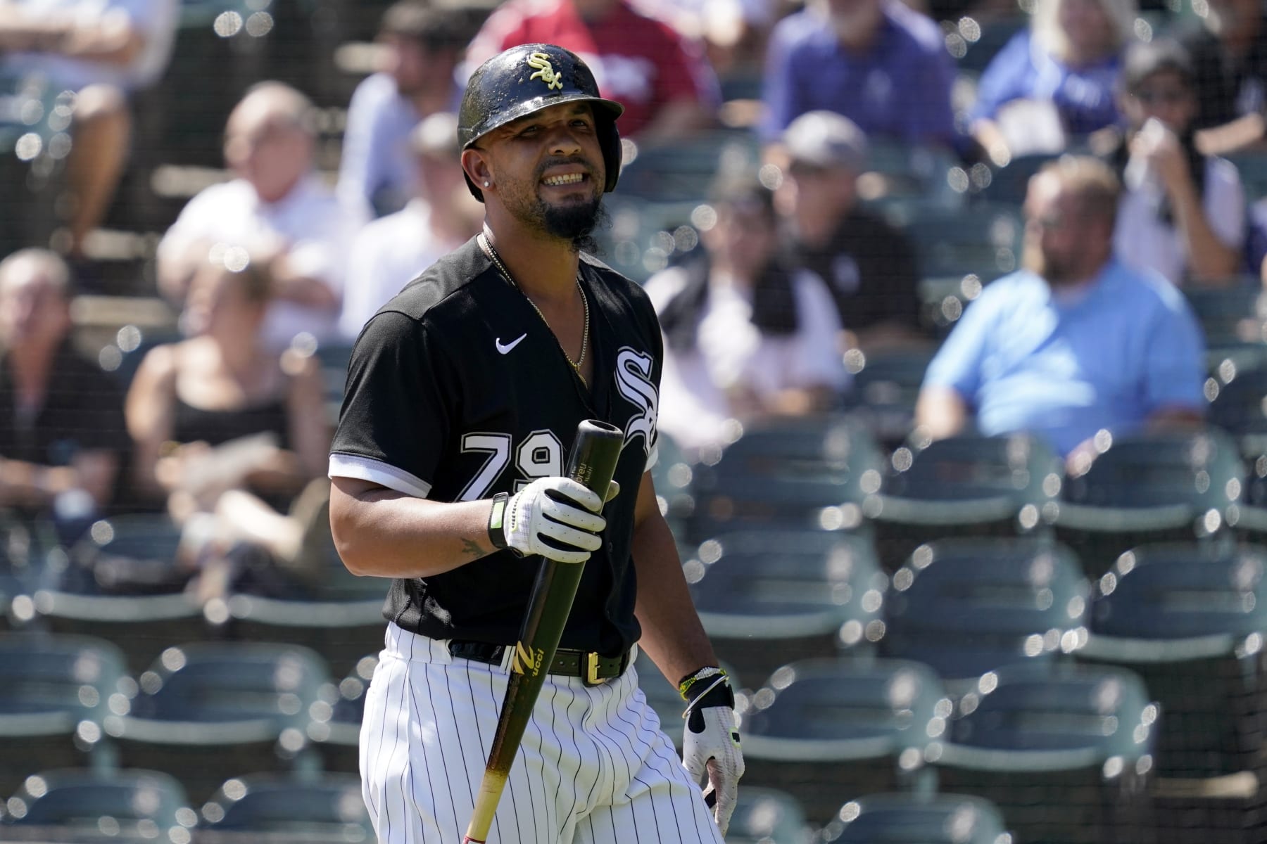 Chicago White Sox's Jose Abreu walks back to the dugout after being called out on strikes in the first inning of a baseball game against the Kansas City Royals in Chicago, Thursday, Sept. 1, 2022. (AP Photo/Nam Y. Huh)