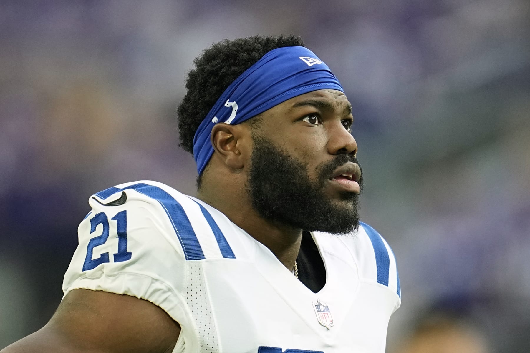 Indianapolis Colts running back Zack Moss (21) stands on the field before an NFL football game against the Minnesota Vikings, Saturday, Dec. 17, 2022, in Minneapolis. (AP Photo/Abbie Parr)