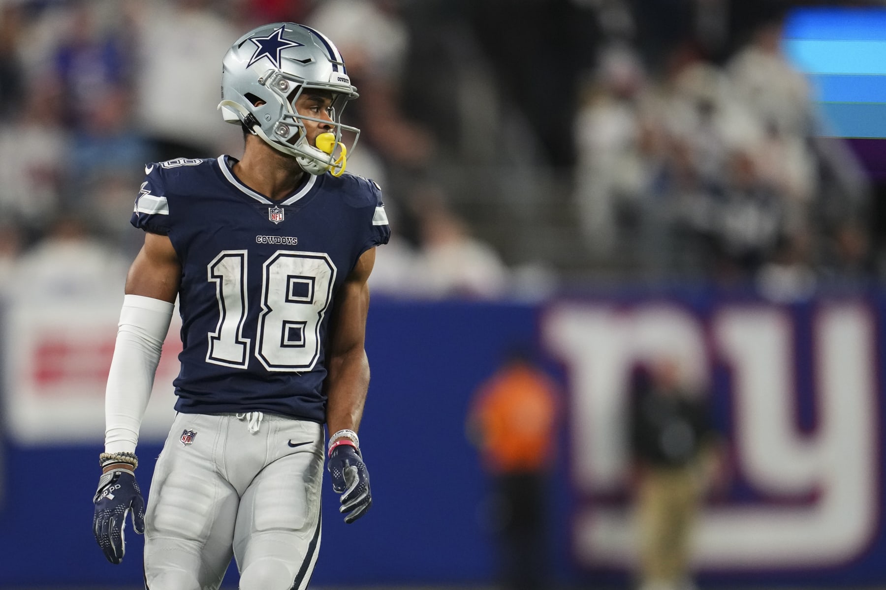 EAST RUTHERFORD, NJ - SEPTEMBER 26: Jalen Tolbert #18 of the Dallas Cowboys gets set against the New York Giants at MetLife Stadium on September 26, 2022 in East Rutherford, New Jersey. (Photo by Cooper Neill/Getty Images)