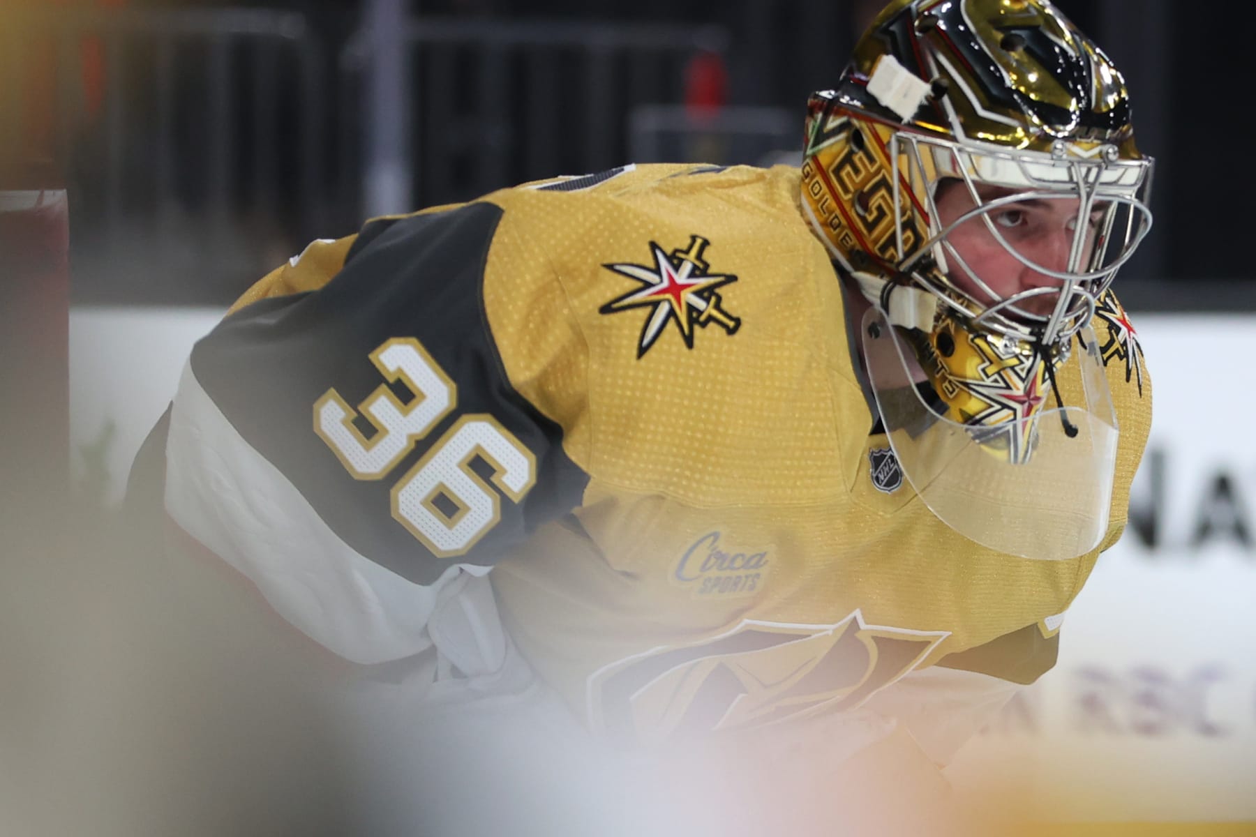 LAS VEGAS, NEVADA - DECEMBER 19: Logan Thompson #36 of the Vegas Golden Knights warms up prior to a game against the Buffalo Sabres at T-Mobile Arena on December 19, 2022 in Las Vegas, Nevada. (Photo by Zak Krill/NHLI via Getty Images)