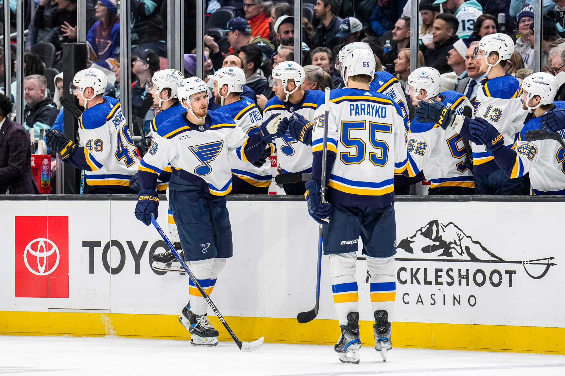 SEATTLE, WASHINGTON - DECEMBER 20:Pavel Buchnevich #89 of the St. Louis Blues celebrates his goal with the bench during the third period of a game against the Seattle Kraken at Climate Pledge Arena on December 20, 2022 in Seattle, Washington. (Photo by Christopher Mast/NHLI via Getty Images)