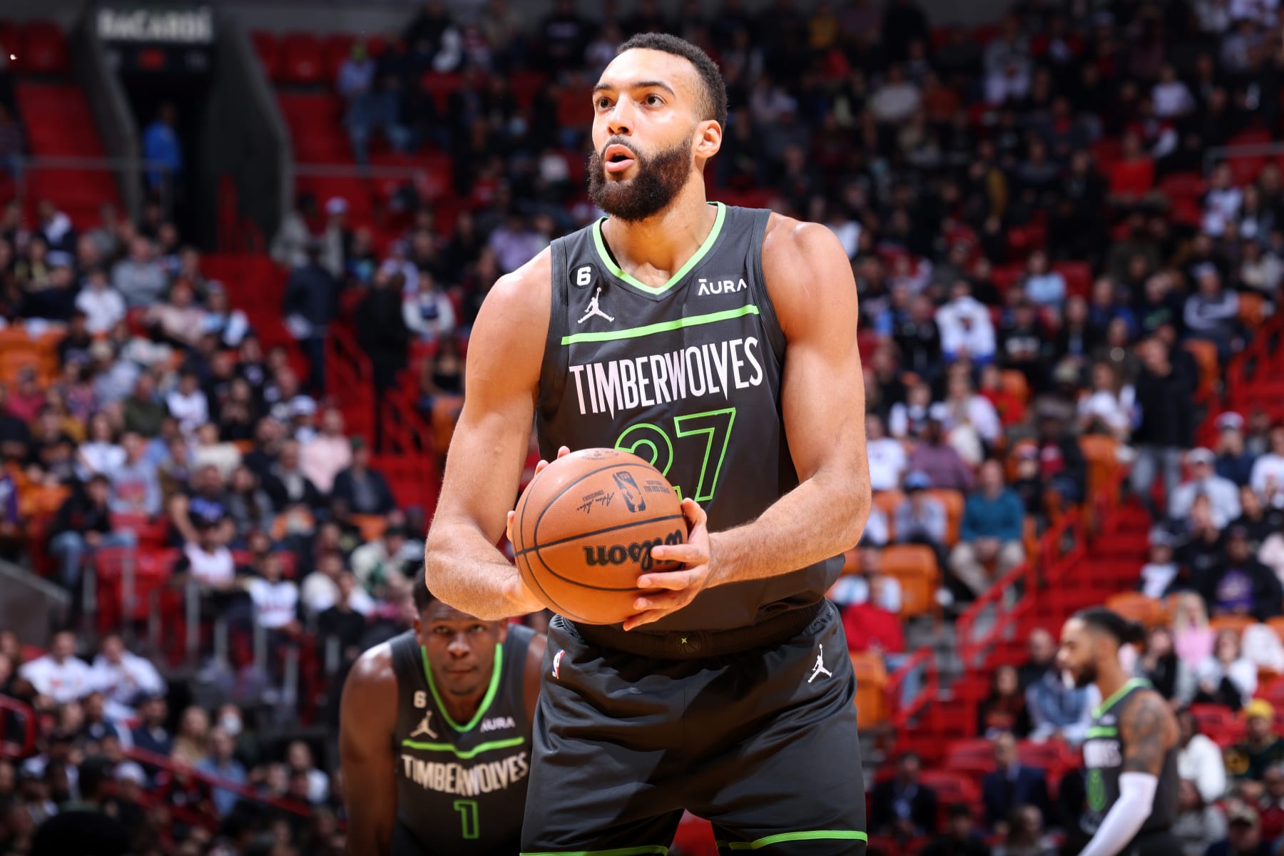 MIAMI, FL - DECEMBER 26: Rudy Gobert #27 of the Minnesota Timberwolves prepares to shoot a free throw during the game against the Miami Heat on December 26, 2022 at FTX Arena in Miami, Florida. NOTE TO USER: User expressly acknowledges and agrees that, by downloading and or using this Photograph, user is consenting to the terms and conditions of the Getty Images License Agreement. Mandatory Copyright Notice: Copyright 2022 NBAE (Photo by Jeff Haynes/NBAE via Getty Images)