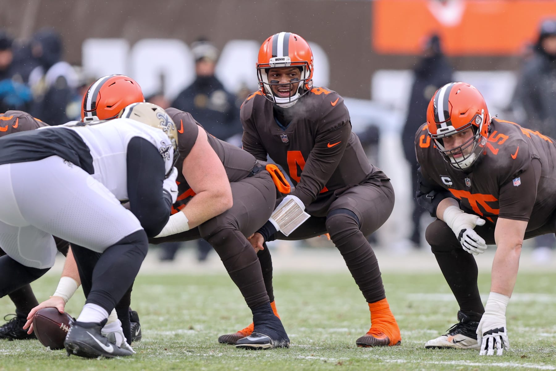 CLEVELAND, OH - DECEMBER 24: Cleveland Browns quarterback Deshaun Watson (4) under center during the first quarter of the National Football League game between the New Orleans Saints and Cleveland Browns on December 24, 2022, at FirstEnergy Stadium in Cleveland, OH. (Photo by Frank Jansky/Icon Sportswire via Getty Images)