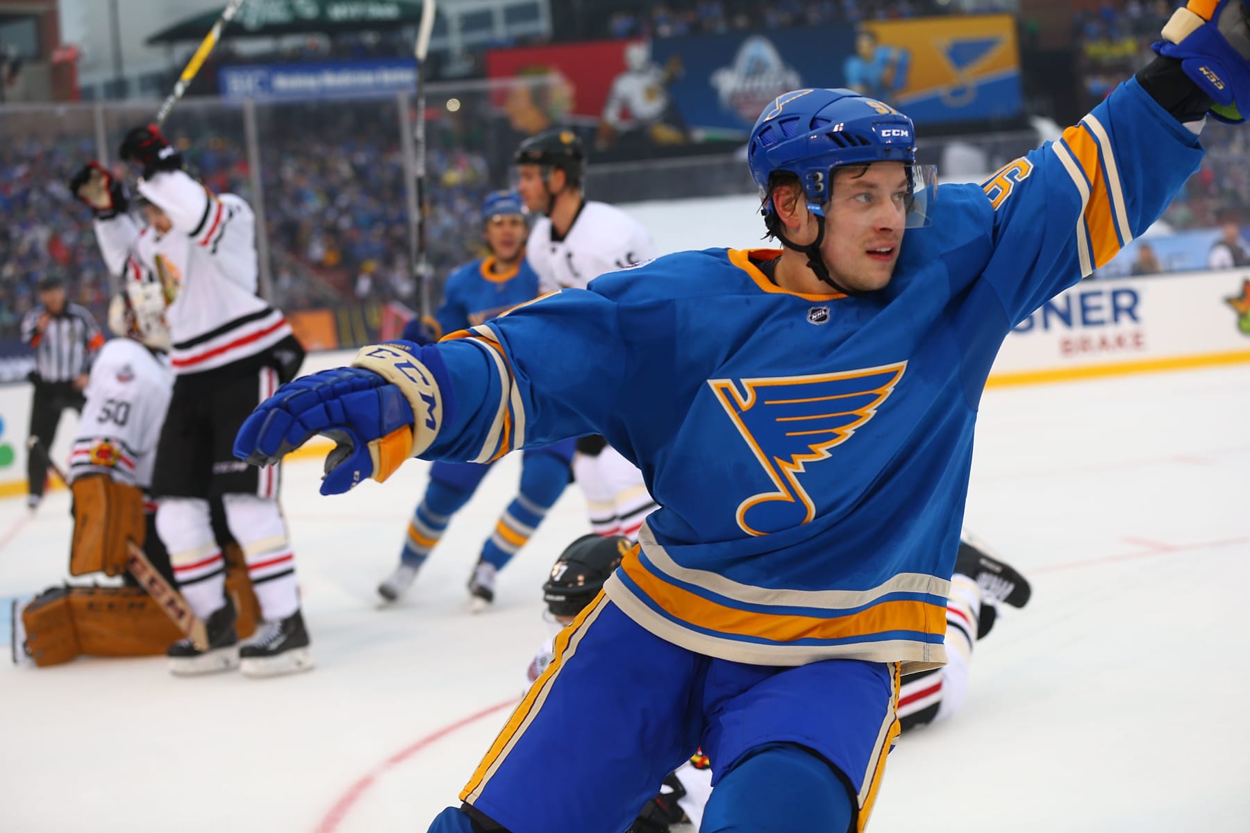 ST. LOUIS, MO - JANUARY 2: Vladimir Tarasenko #91 of the St. Louis Blues celebrates after scoring a goal against the Chicago Blackhawks during the 2017 Bridgestone NHL Winter Classic at Busch Stadium on January 2, 2017 in St. Louis, Missouri. (Photo by Dilip Vishwanat/Getty Images)