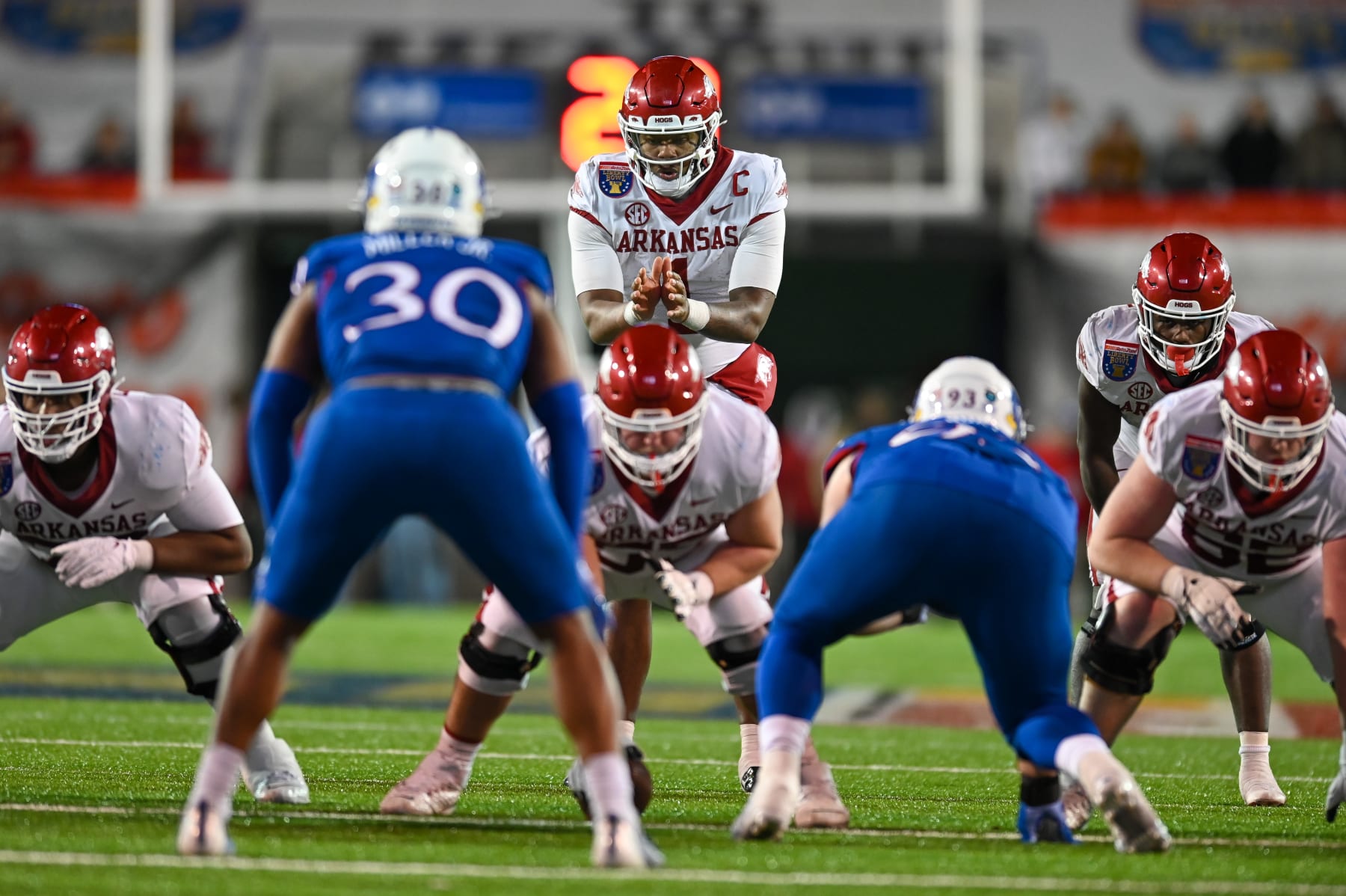 MEMPHIS, TN - DECEMBER 28: Arkansas Razorbacks quarterback KJ Jefferson (1) during the AutoZone Liberty Bowl between the Kansas Jayhawks and the Arkansas Razorbacks on December 28, 2022 at the Simmons Bank Liberty Stadium in Memphis, TN. (Photo by Kevin Langley/Icon Sportswire via Getty Images)