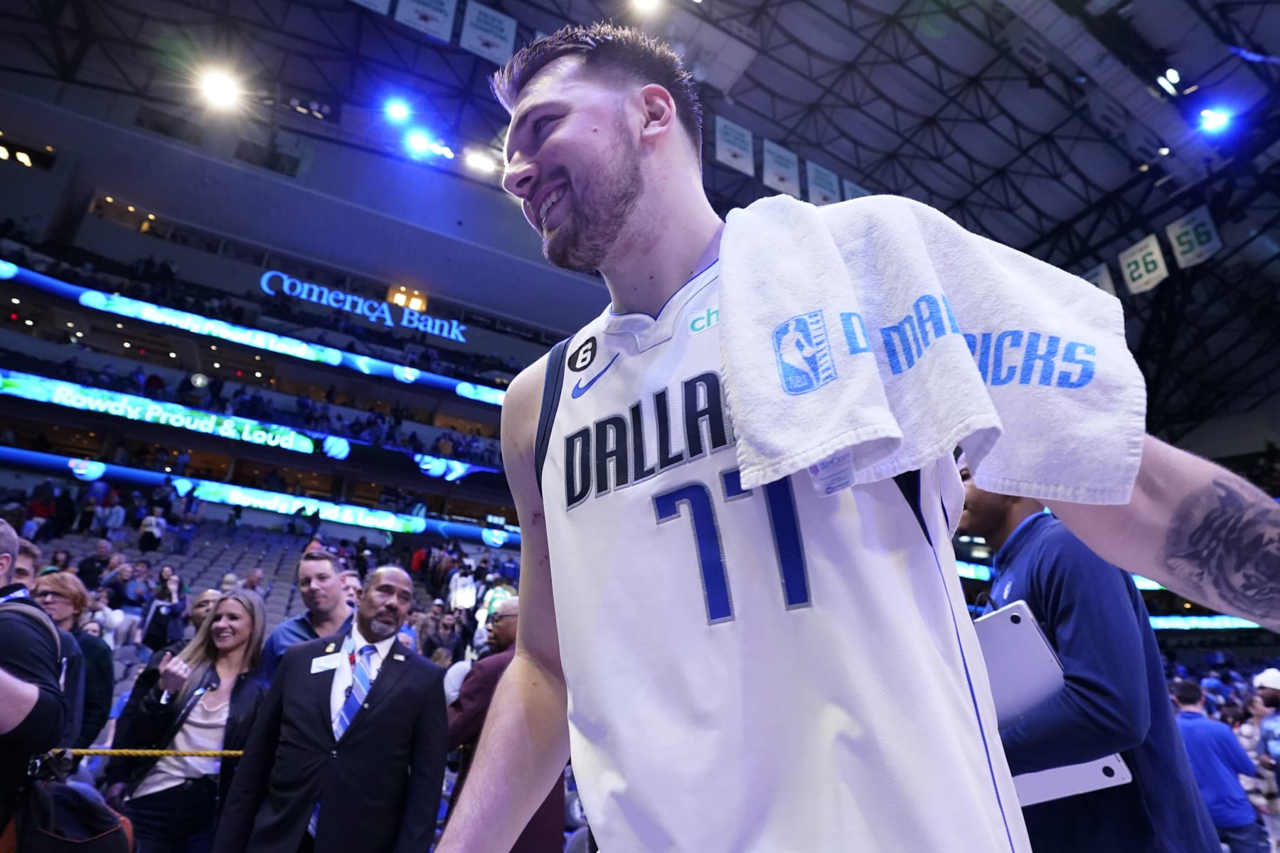 DALLAS, TEXAS - JANUARY 07: Luka Doncic #77 of the Dallas Mavericks walks off the court following a game against the New Orleans Pelicans at American Airlines Center on January 07, 2023 in Dallas, Texas. Dallas won 127-117. NOTE TO USER: User expressly acknowledges and agrees that, by downloading and or using this photograph, User is consenting to the terms and conditions of the Getty Images License Agreement. (Photo by Sam Hodde/Getty Images)