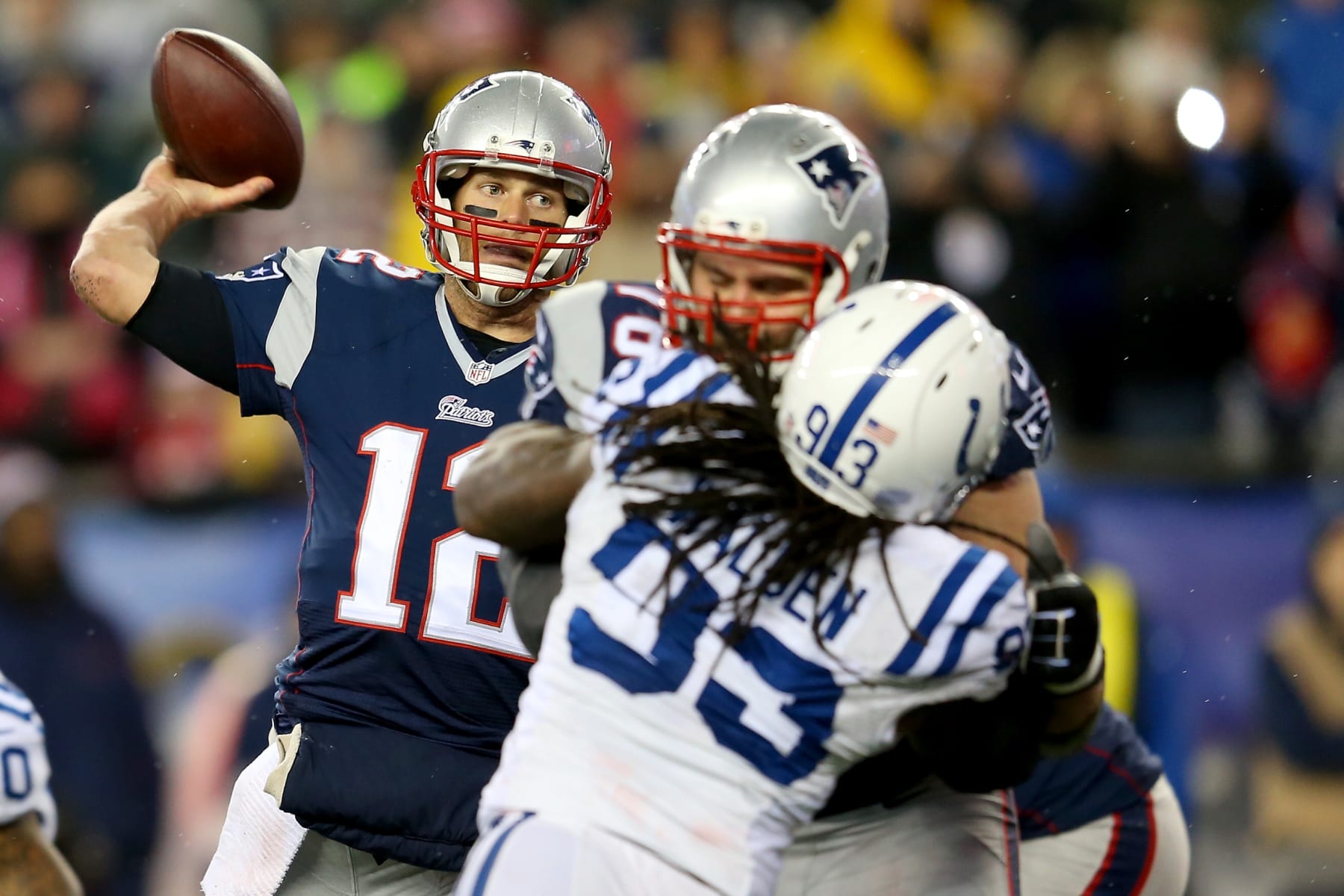 FOXBORO, MA - JANUARY 18: Tom Brady #12 of the New England Patriots in action against the Indianapolis Colts of the 2015 AFC Championship Game at Gillette Stadium on January 18, 2015 in Foxboro, Massachusetts. (Photo by Jim Rogash/Getty Images)