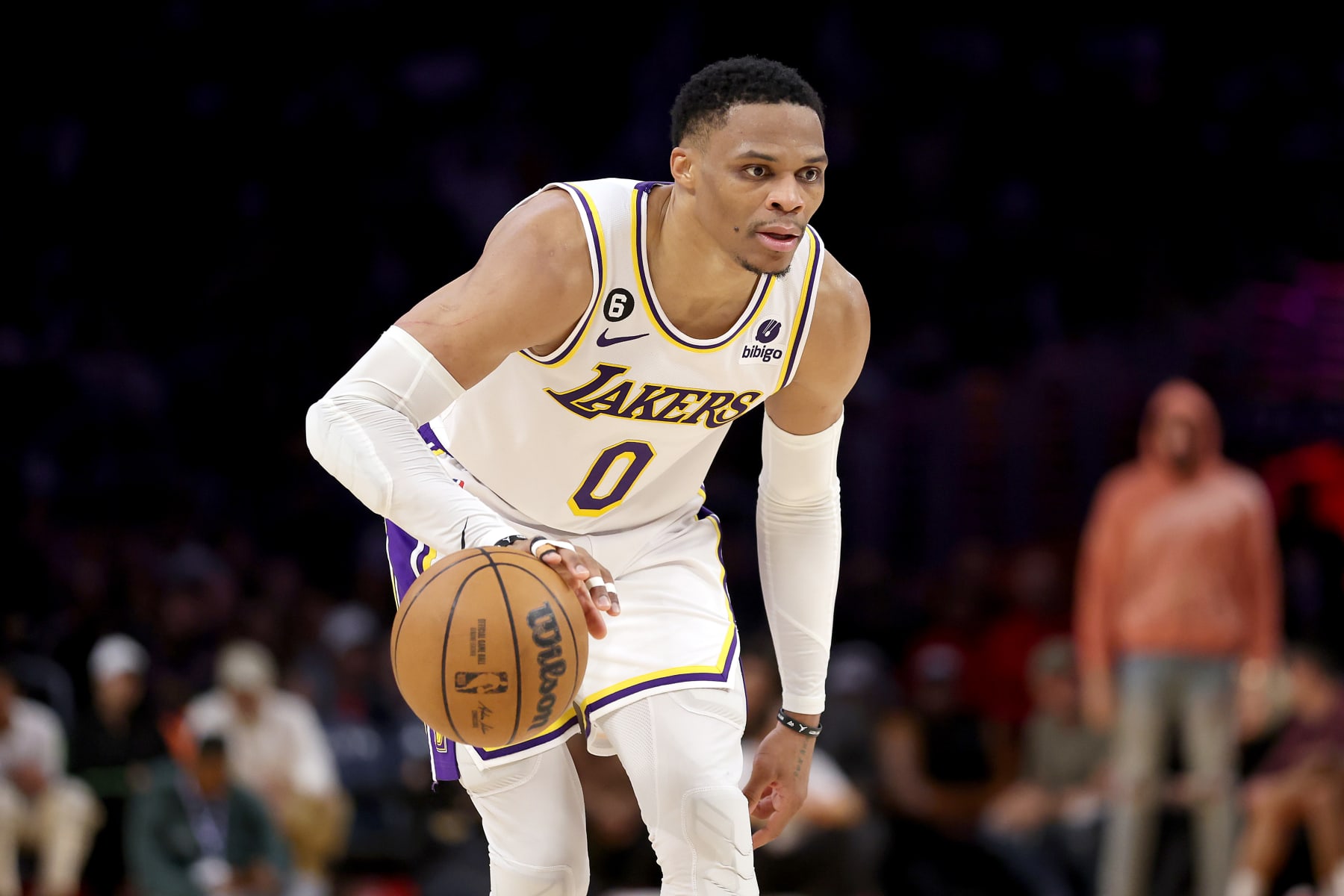LOS ANGELES, CALIFORNIA - JANUARY 15: Russell Westbrook #0 of the Los Angeles Lakers dribbles the ball during the second half of a game against the Philadelphia 76ers at Crypto.com Arena on January 15, 2023 in Los Angeles, California. NOTE TO USER: User expressly acknowledges and agrees that, by downloading and or using this photograph, User is consenting to the terms and conditions of the Getty Images License Agreement. (Photo by Sean M. Haffey/Getty Images)