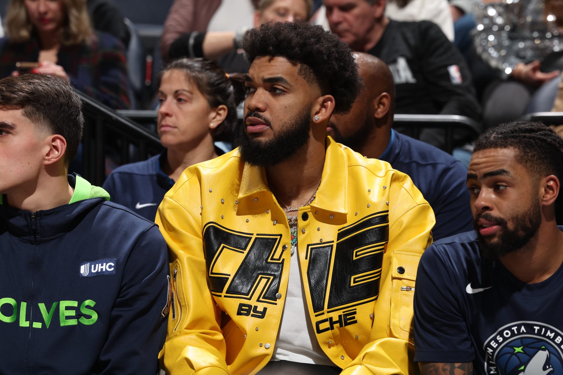 MINNEAPOLIS, MN - DECEMBER 31: Karl-Anthony Towns #32 of the Minnesota Timberwolves looks on during the game against the Detroit Pistons on December 31, 2022 at Target Center in Minneapolis, Minnesota. NOTE TO USER: User expressly acknowledges and agrees that, by downloading and or using this Photograph, user is consenting to the terms and conditions of the Getty Images License Agreement. Mandatory Copyright Notice: Copyright 2022 NBAE (Photo by David Sherman/NBAE via Getty Images)