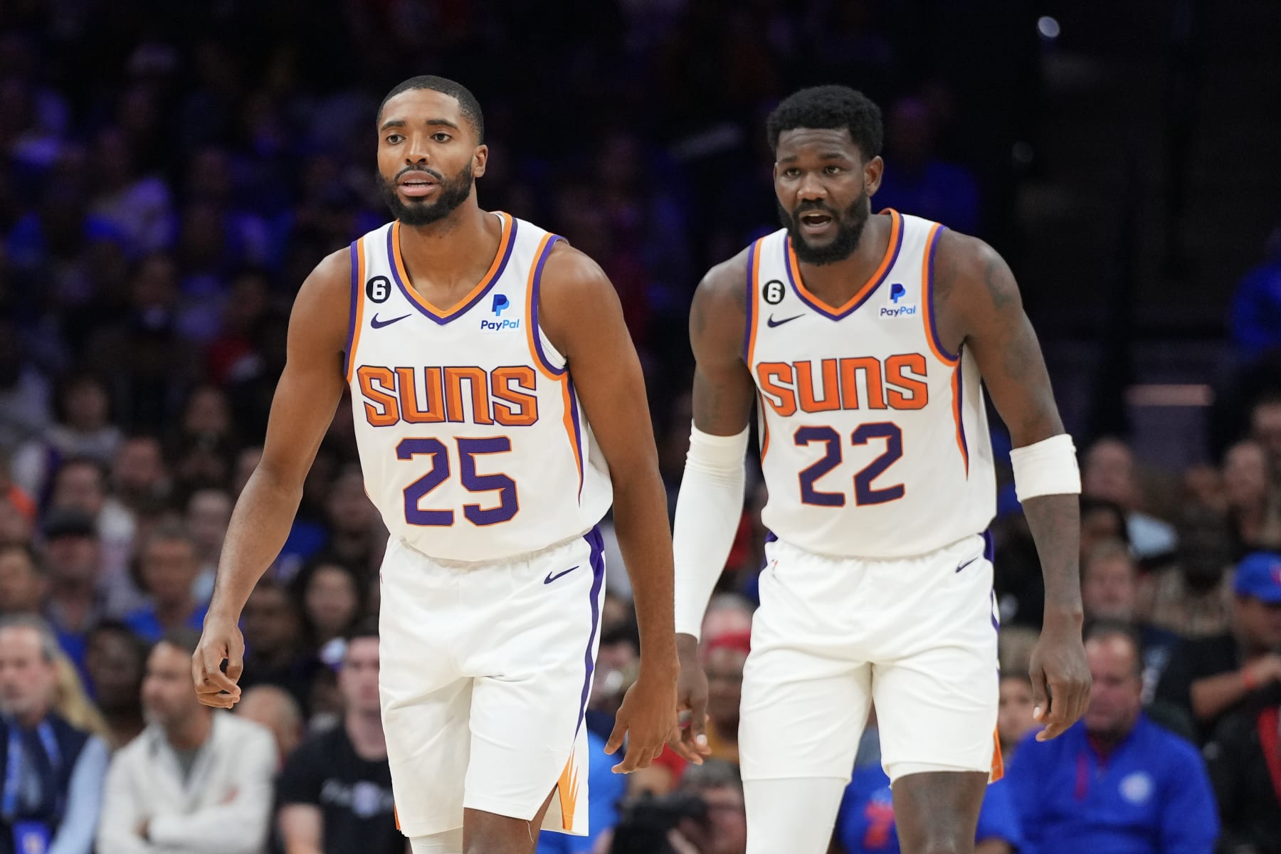 PHILADELPHIA, PA - NOVEMBER 07: Mikal Bridges #25 and Deandre Ayton #22 of the Phoenix Suns in action against the Philadelphia 76ers at the Wells Fargo Center on November 7, 2022 in Philadelphia, Pennsylvania. The 76ers defeated the Suns 100-88. NOTE TO USER: User expressly acknowledges and agrees that, by downloading and or using this photograph, User is consenting to the terms and conditions of the Getty Images License Agreement. (Photo by Mitchell Leff/Getty Images)