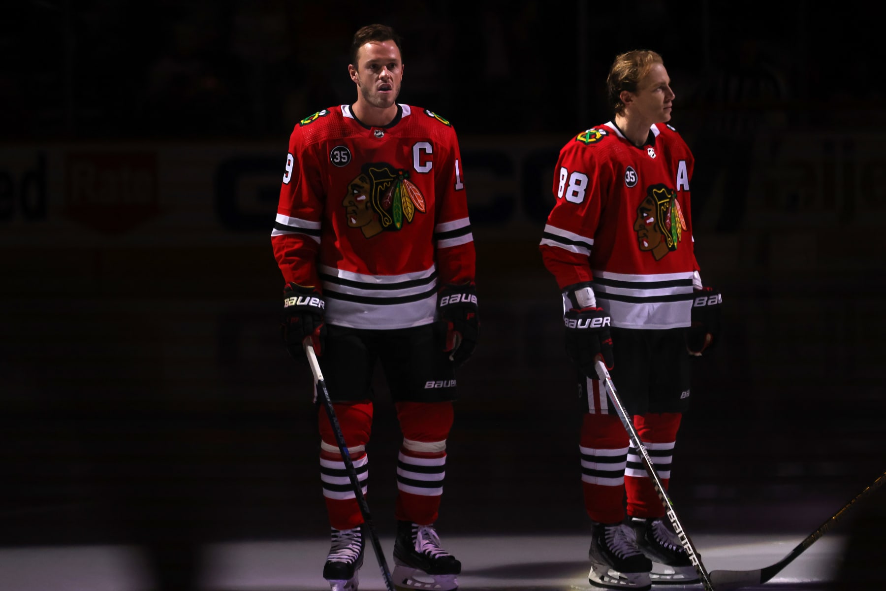 Chicago Blackhawks center Jonathan Toews (left) and right wing Patrick Kane.
