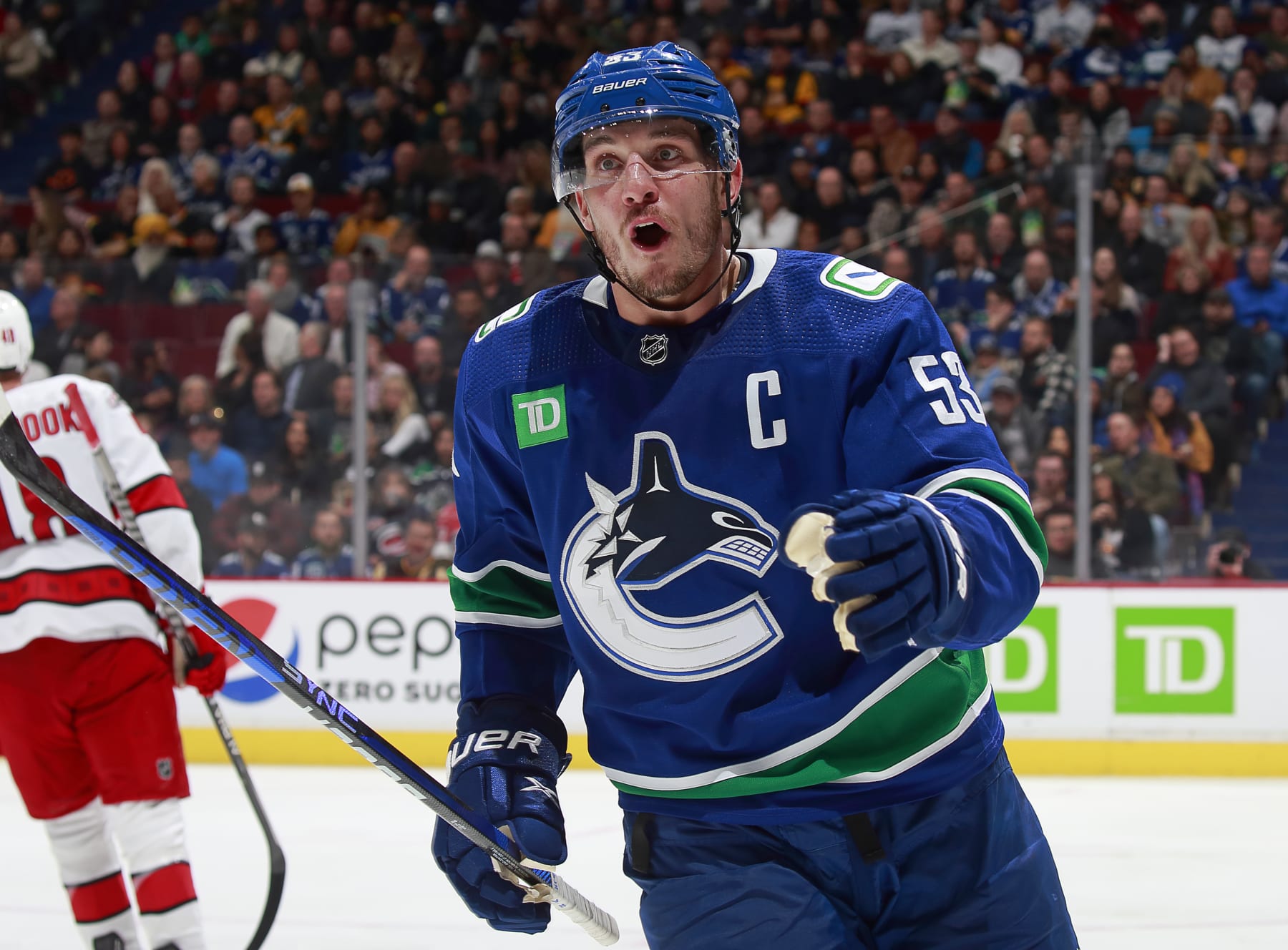 VANCOUVER, CANADA - OCTOBER 24: Bo Horvat #53 of the Vancouver Canucks skates up the ice during their NHL game against the Carolina Hurricanes at Rogers Arena October 24, 2022 in Vancouver, British Columbia, Canada. (Photo by Jeff Vinnick/NHLI via Getty Images)