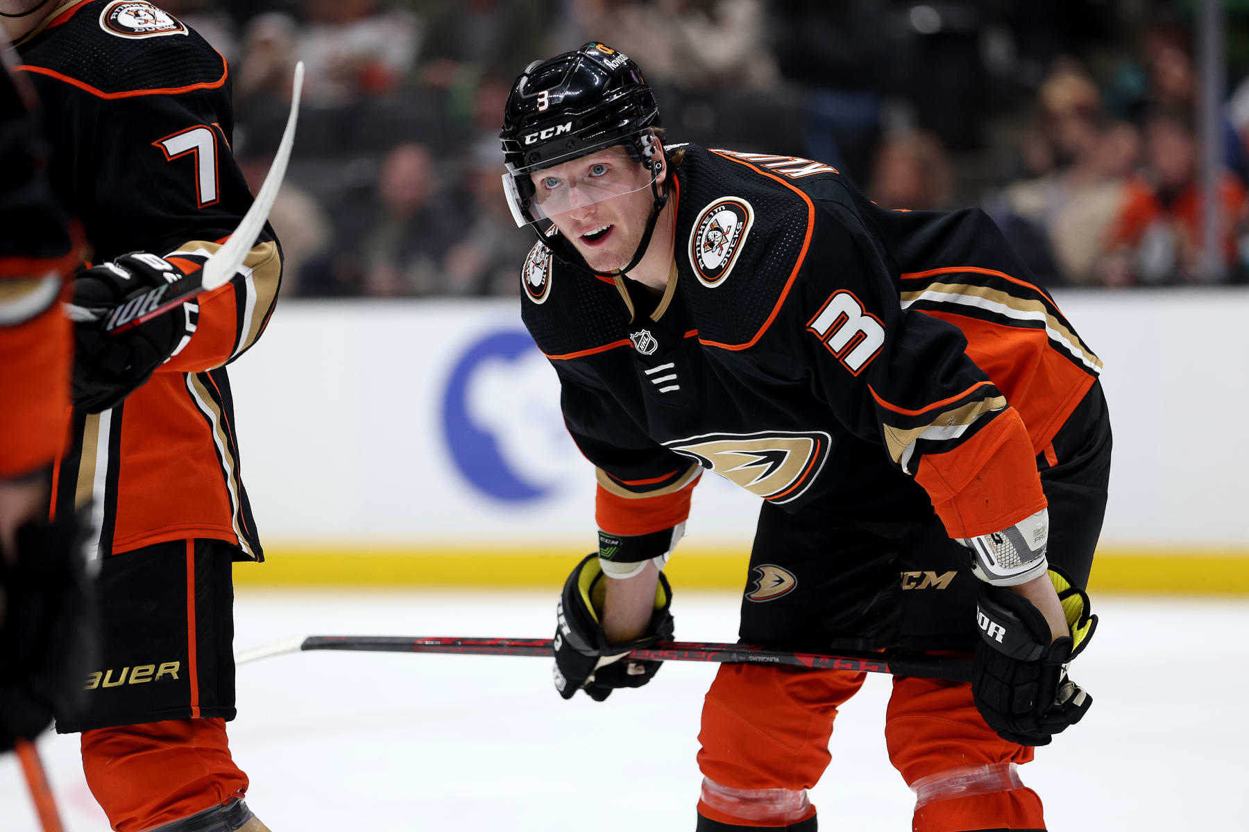 ANAHEIM, CALIFORNIA - DECEMBER 23: John Klingberg #3 of the Anaheim Ducks looks on during the first period of a game against the Calgary Flames at Honda Center on December 23, 2022 in Anaheim, California. (Photo by Sean M. Haffey/Getty Images)