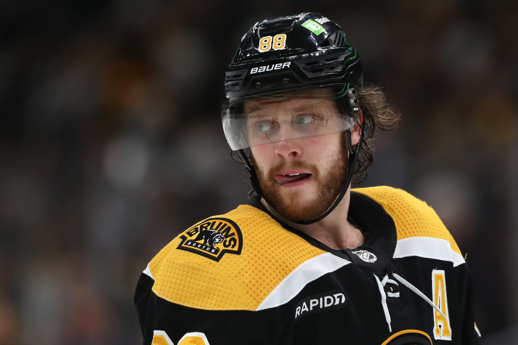 BOSTON, MASSACHUSETTS - JANUARY 12: David Pastrnak #88 of the Boston Bruins looks on during the third period against the Seattle Kraken at TD Garden on January 12, 2023 in Boston, Massachusetts. The Kraken defeat the Bruins 3-0. (Photo by Maddie Meyer/Getty Images)