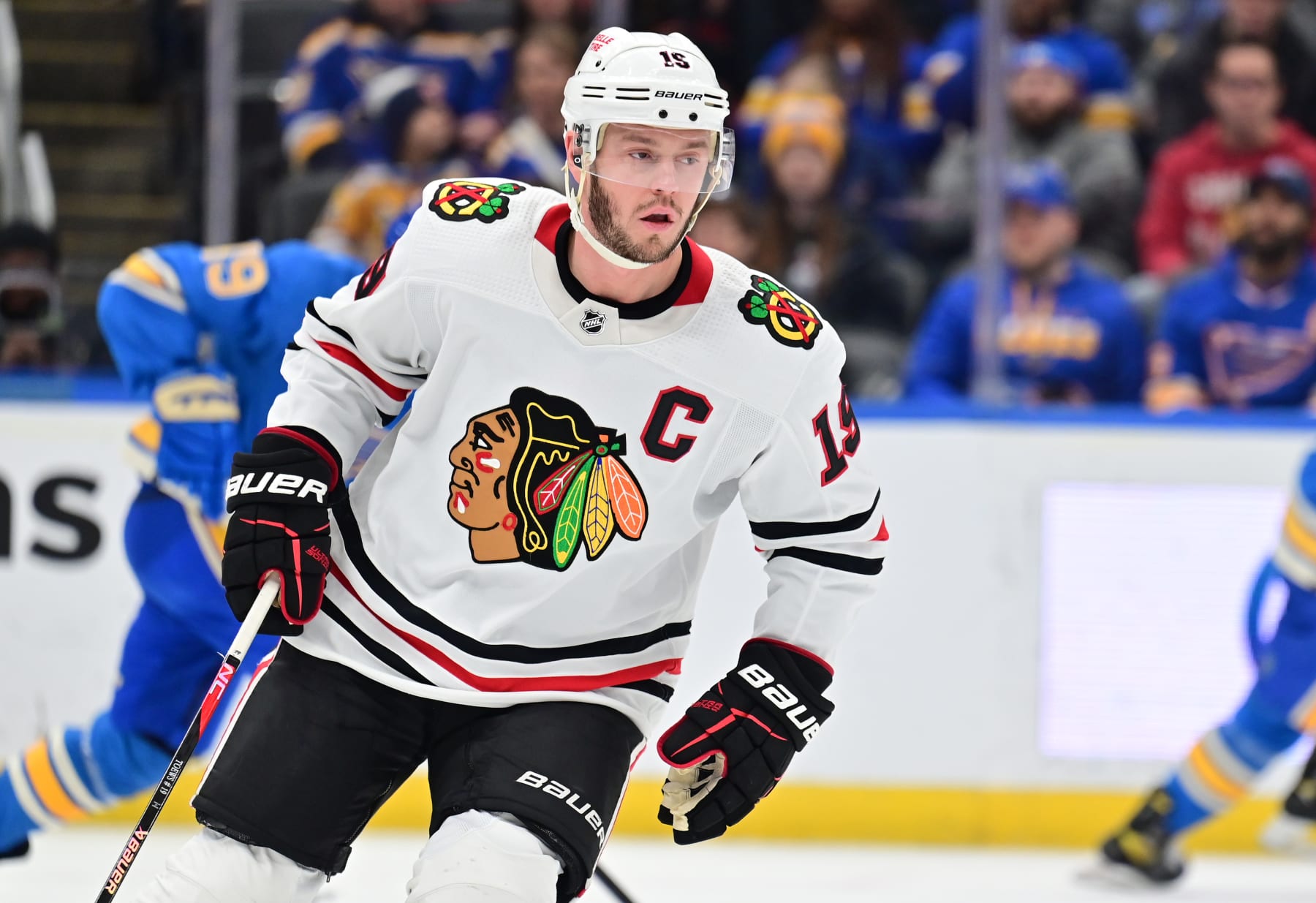 ST. LOUIS, MO - JANUARY 21: Blackhawks center Jonathan Toews (19) as seen during a NHL game between the Chicago Blackhawks and the St. Louis Blues on January 21, 2023, at Enterprise Center in St. Louis, MO (Photo by Keith Gillett/Icon Sportswire via Getty Images)