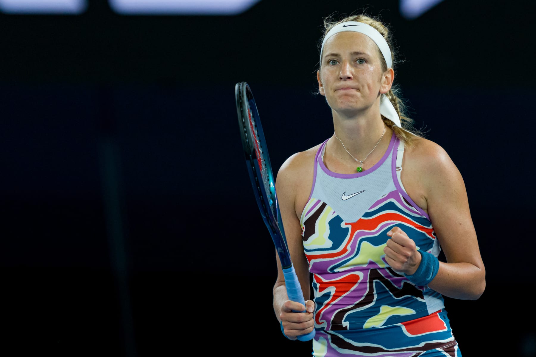 MELBOURNE, AUSTRALIA - JANUARY 24: Victoria Azarenka celebrates victory in the quarterfinal singles match against Jessica Pegula of the United States during day nine of the 2023 Australian Open at Melbourne Park on January 24, 2023 in Melbourne, Australia. (Photo by Andy Cheung/Getty Images)