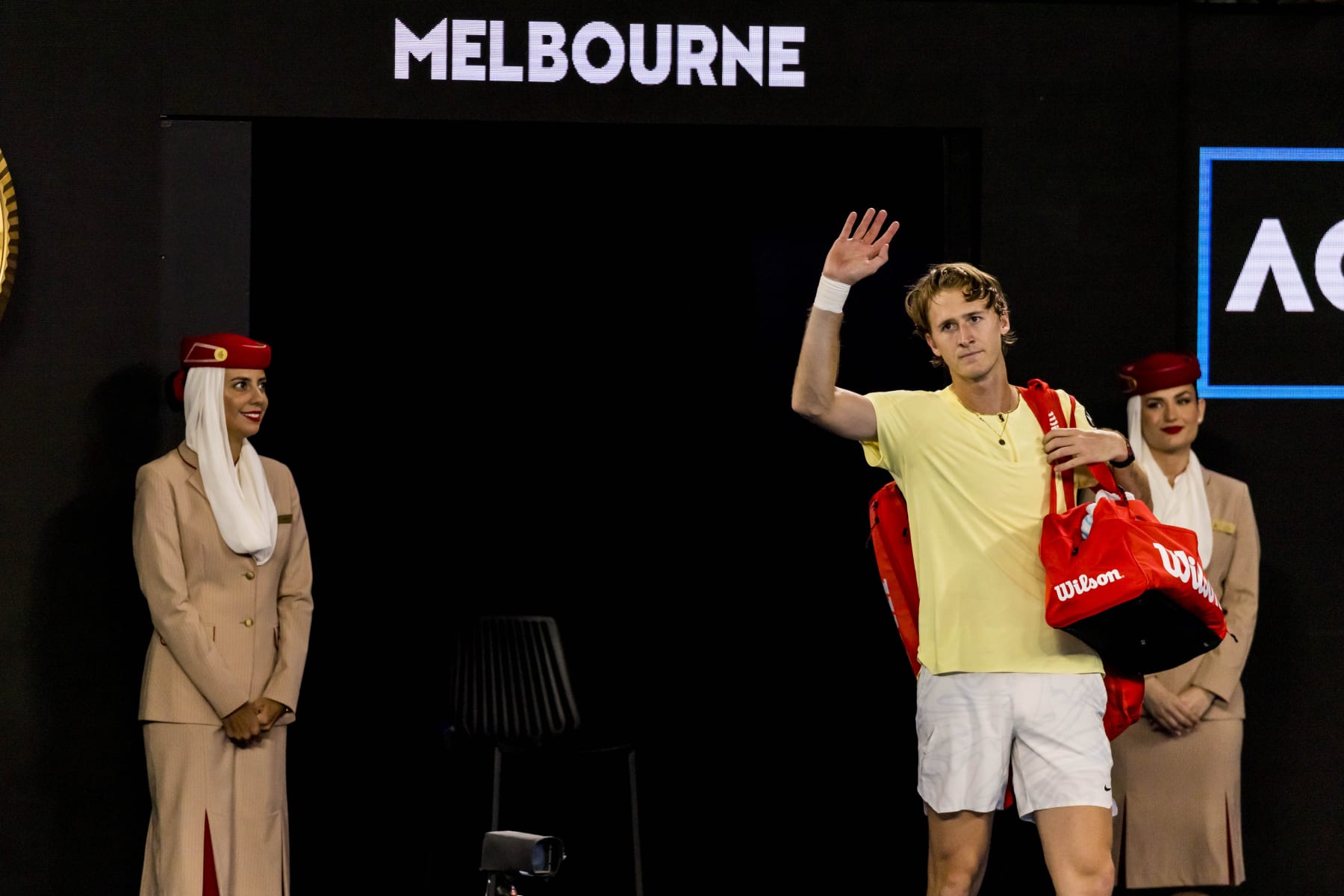 MELBOURNE, VIC - JANUARY 24: Sebastian Korda of the United States of America waves to the crowd after retiring from the match during the Quarterfinals of the 2023 Australian Open on January 24 2023, at Melbourne Park in Melbourne, Australia. (Photo by Jason Heidrich/Icon Sportswire via Getty Images)