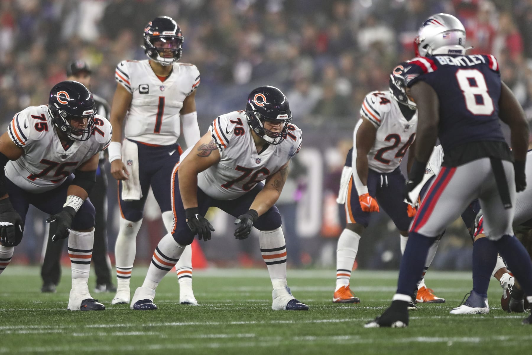 FOXBOROUGH, MA - OCTOBER 24: Teven Jenkins #76 of the Chicago Bears lines up before a play during an NFL football game against the New England Patriots at Gillette Stadium on October 24, 2022 in Foxborough, Massachusetts. (Photo by Kevin Sabitus/Getty Images)