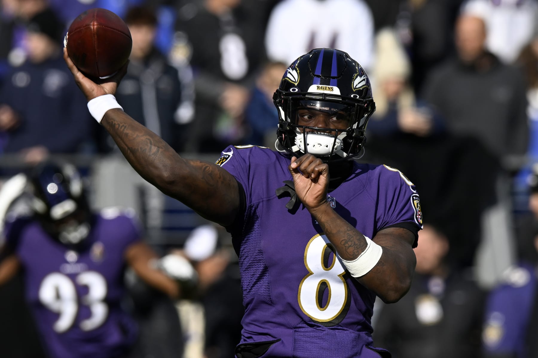 BALTIMORE, MARYLAND - DECEMBER 04: Lamar Jackson #8 of the Baltimore Ravens warms up prior to a game against the Denver Broncos at M&T Bank Stadium on December 04, 2022 in Baltimore, Maryland. (Photo by Greg Fiume/Getty Images)