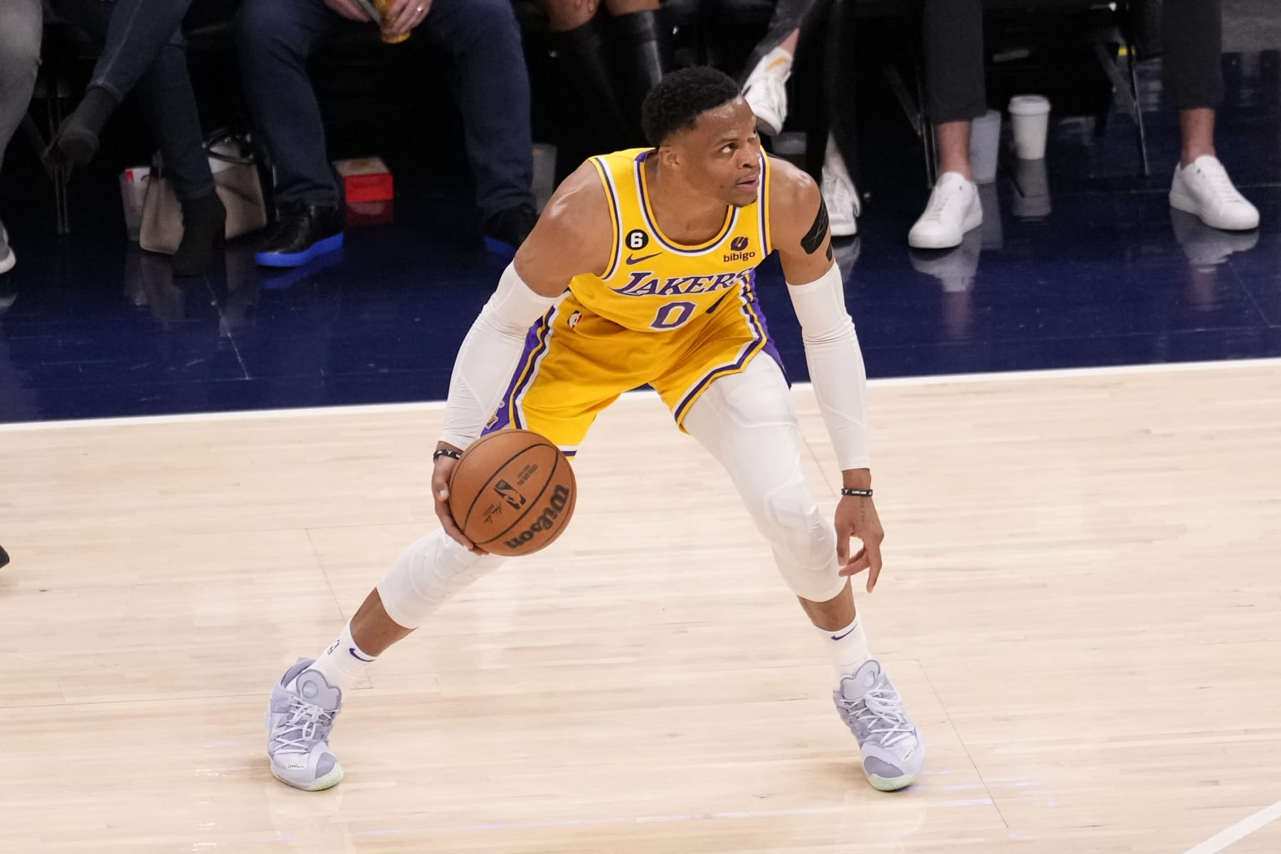 INDIANAPOLIS, IN - FEBRUARY 2: Russell Westbrook #0 of the Los Angeles Lakers dribbles the ball during the game against the Indiana Pacers on February 2, 2023 at Gainbridge Fieldhouse in Indianapolis, Indiana. NOTE TO USER: User expressly acknowledges and agrees that, by downloading and or using this Photograph, user is consenting to the terms and conditions of the Getty Images License Agreement. Mandatory Copyright Notice: Copyright 2023 NBAE (Photo by A.J. Mast/NBAE via Getty Images)