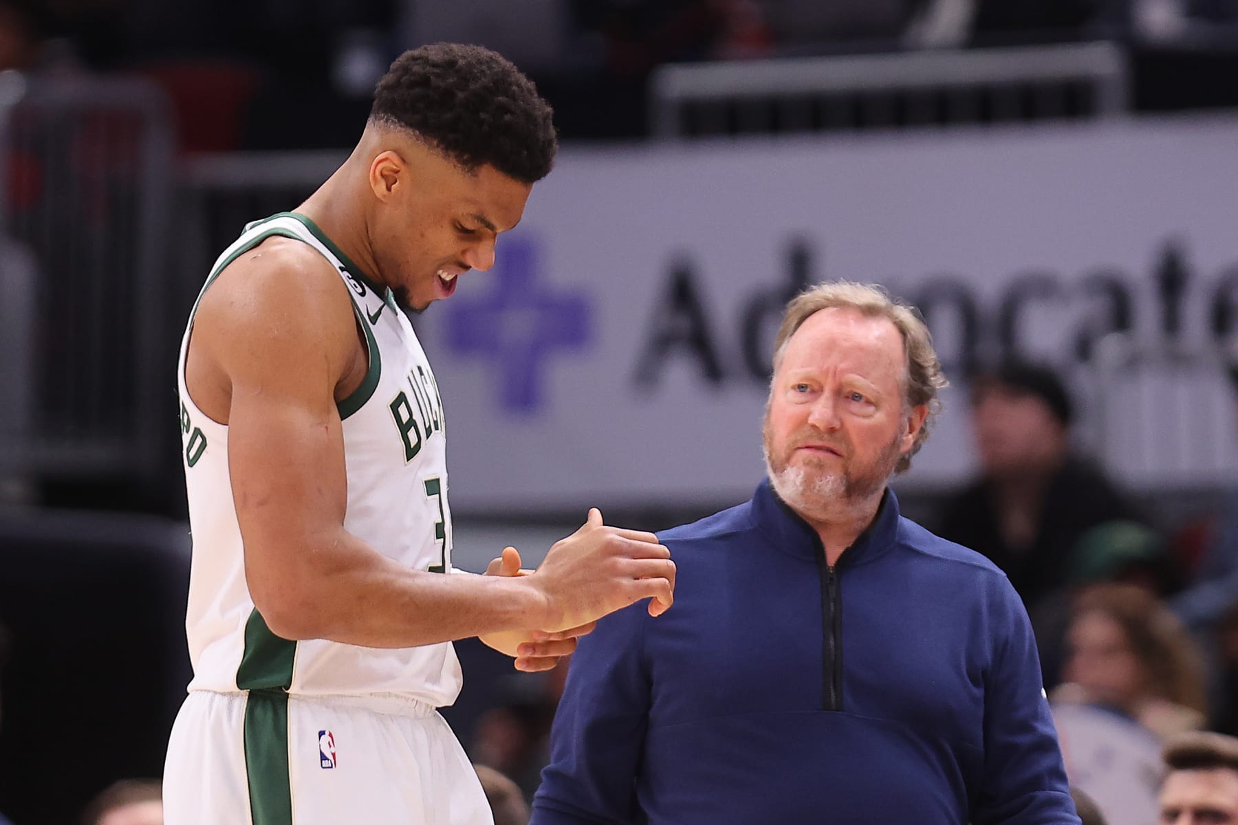 CHICAGO, ILLINOIS - FEBRUARY 16: Giannis Antetokounmpo #34 of the Milwaukee Bucks reacts after injuring his right wrist against the Chicago Bulls during the first half at United Center on February 16, 2023 in Chicago, Illinois. NOTE TO USER: User expressly acknowledges and agrees that, by downloading and or using this photograph, User is consenting to the terms and conditions of the Getty Images License Agreement. (Photo by Michael Reaves/Getty Images)