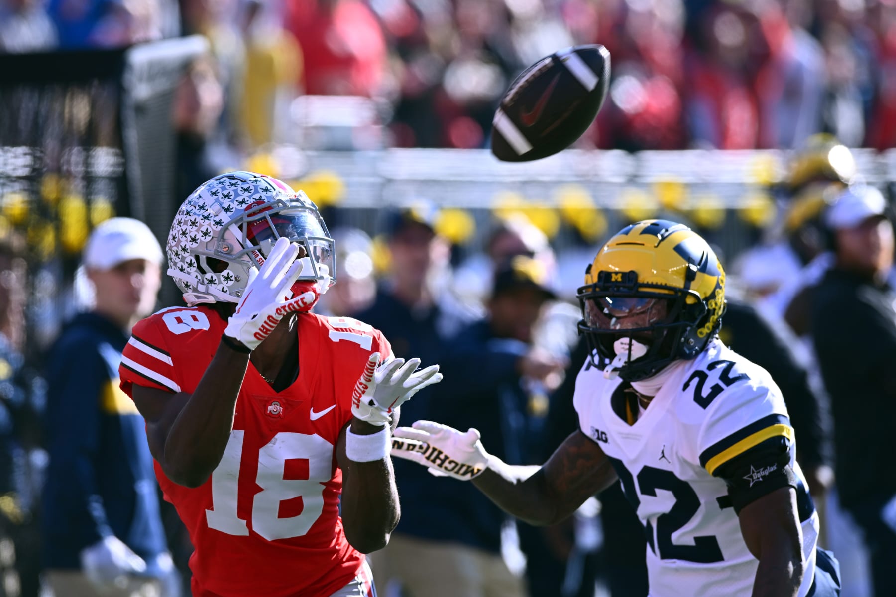 Football Football COLUMBUS, OHIO - NOVEMBER 26: Marvin Harrison Jr. #18 of the Ohio State Buckeyes makes a touchdown catch during the second quarter of a game against the Michigan Wolverines at Ohio Stadium on November 26, 2022 in Columbus, Ohio. (Photo by Ben Jackson/Getty Images)