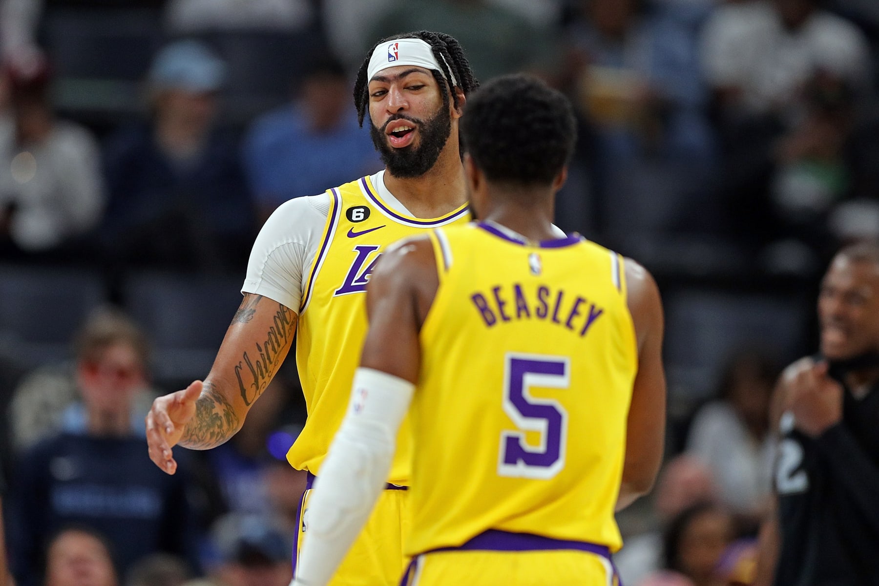 MEMPHIS, TENNESSEE - FEBRUARY 28: Anthony Davis #3 of the Los Angeles Lakers and Malik Beasley #5 of the Los Angeles Lakers during the game against the Memphis Grizzlies at FedExForum on February 28, 2023 in Memphis, Tennessee. NOTE TO USER: User expressly acknowledges and agrees that, by downloading and or using this photograph, User is consenting to the terms and conditions of the Getty Images License Agreement. (Photo by Justin Ford/Getty Images)