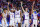 DES MOINES, IOWA - MARCH 16: Players of Kansas Jayhawks celebrate against the Howard Bison during the second half in the first round of the NCAA Men's Basketball Tournament at Wells Fargo Arena on March 16, 2023 in Des Moines, Iowa. (Photo by Michael Reaves/Getty Images)