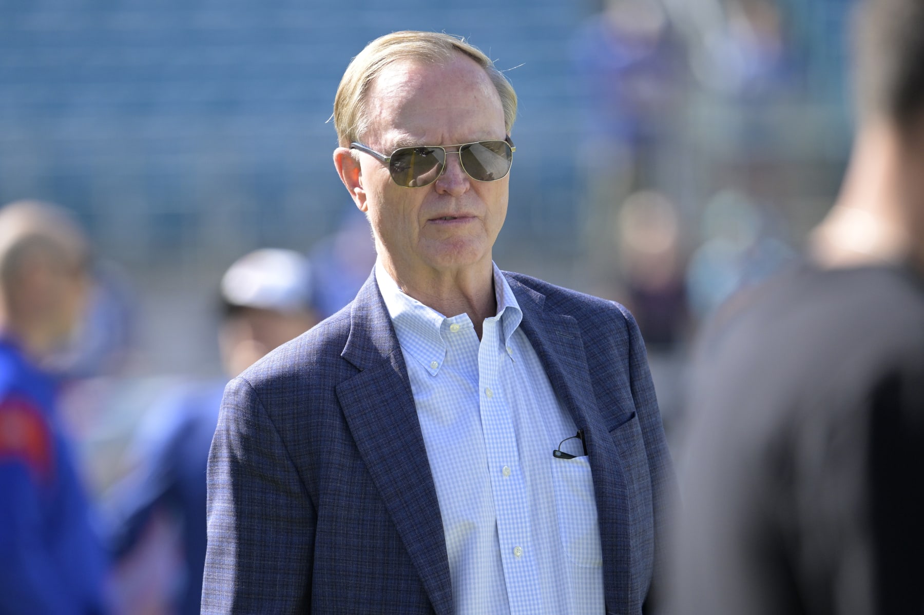 Football New York Giants president and CEO John Mara watches players warm up before an NFL football game against the Jacksonville Jaguars, Sunday, Oct. 23, 2022, in Jacksonville, Fla. (AP Photo/Phelan M. Ebenhack)