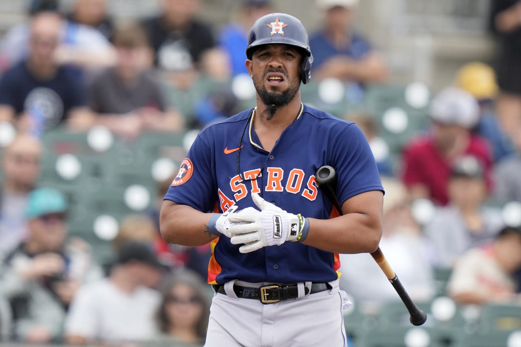 Houston Astros' Jose Abreu bats during the first inning of a spring training baseball game against the Miami Marlins, Sunday, March 19, 2023, in Jupiter, Fla. (AP Photo/Lynne Sladky)