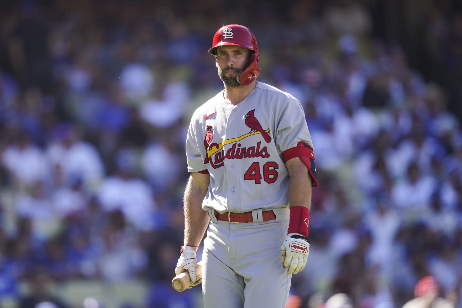 St. Louis Cardinals' Paul Goldschmidt walks to the dugout after striking out during the sixth inning of a baseball game against the Los Angeles Dodgers Sunday, Sept. 25, 2022, in Los Angeles. (AP Photo/Jae C. Hong)