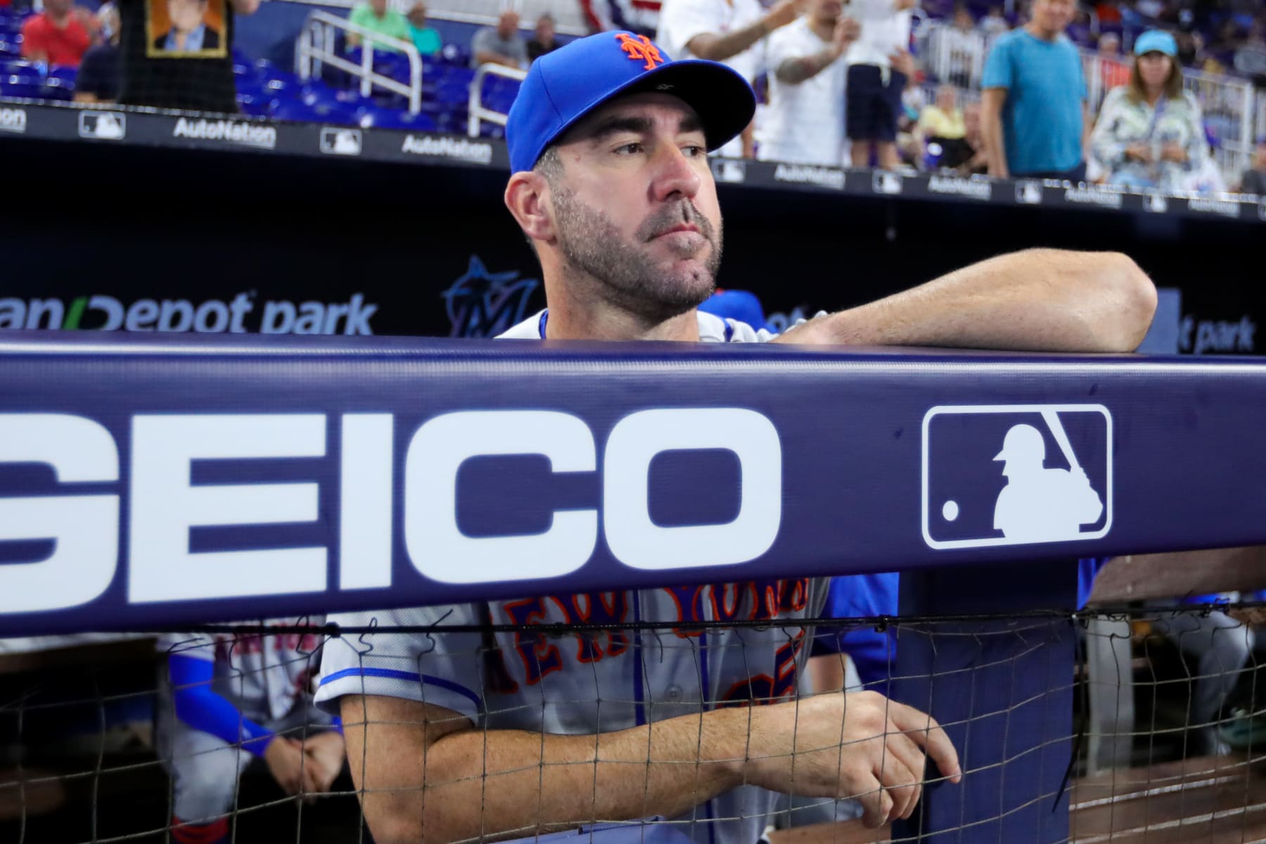 MIAMI, FLORIDA - MARCH 30: Justin Verlander #35 of the New York Mets looks on prior to a game against the Miami Marlins on Opening Day at loanDepot park on March 30, 2023 in Miami, Florida. (Photo by Megan Briggs/Getty Images)