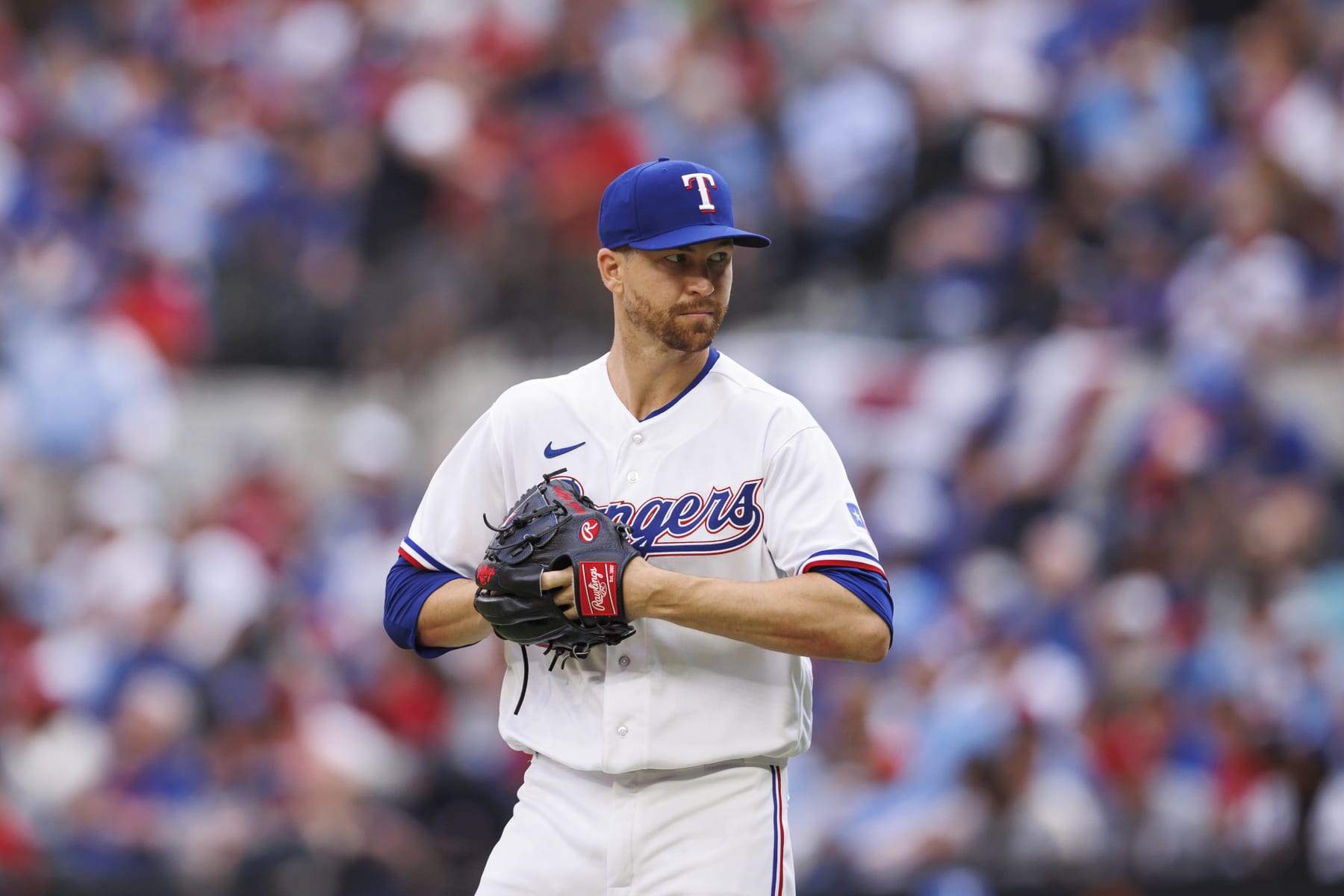 ARLINGTON, TX - MARCH 30: Jacob deGrom #48 of the Texas Rangers looks on during a game against the Philadelphia Phillies on Opening Day at Globe Life Field on March 30, 2023 in Arlington, Texas. (Photo by Bailey Orr/Texas Rangers/Getty Images)