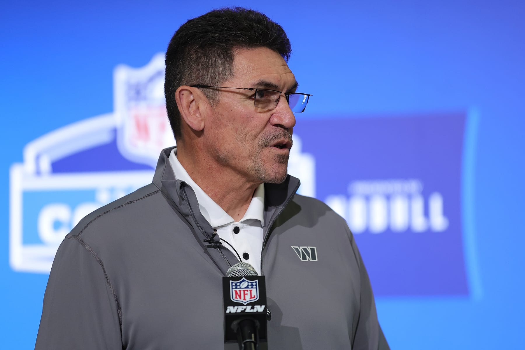 Football INDIANAPOLIS, INDIANA - FEBRUARY 28: Head coach Ron Rivera of the Washington Commanders speaks to the media during the NFL Combine at the Indiana Convention Center on February 28, 2023 in Indianapolis, Indiana. (Photo by Stacy Revere/Getty Images)