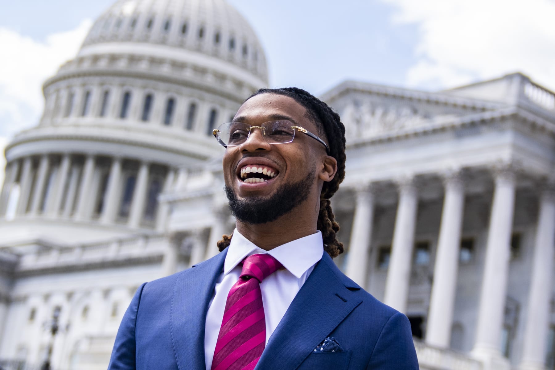 Football Football UNITED STATES - MARCH 29: Buffalo Bills safety Damar Hamlin is seen outside the U.S. Capitol before a news conference on the Access to AEDs Act, which aims improve access to defibrillators in schools, on Wednesday, March 29, 2023. (Tom Williams/CQ-Roll Call, Inc via Getty Images)