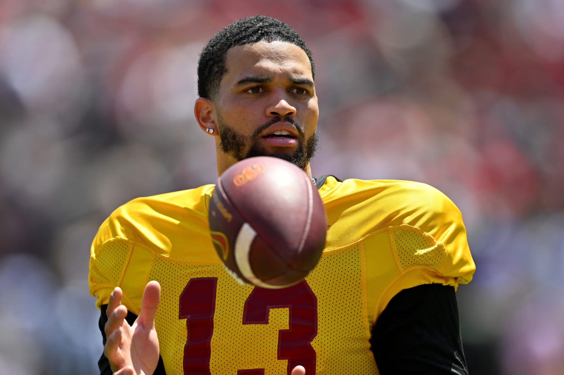 LOS ANGELES, CA - APRIL 15: Quarterback Caleb Williams #13 of the USC Trojans looks on during the USC spring game at the Los Angeles Memorial Coliseum on April 15, 2023 in Los Angeles, California. (Photo by Jayne Kamin-Oncea/Getty Images)