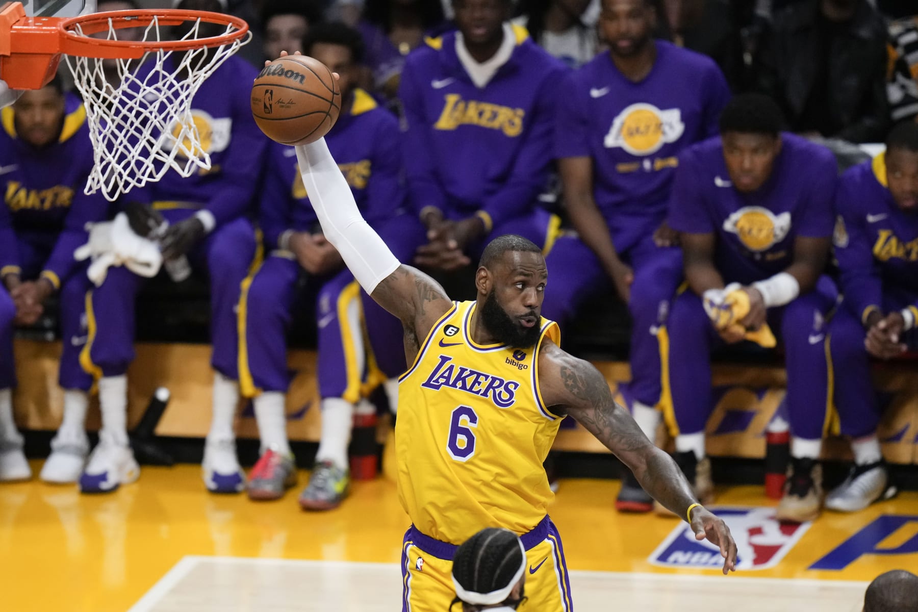 Los Angeles Lakers' LeBron James gets a rebound throughout the very first half in Game 6 of the group's first-round NBA basketball playoff series versus the Memphis Grizzlies on Friday, April 28, 2023, in Los Angeles. (AP Photo/Jae C. Hong)