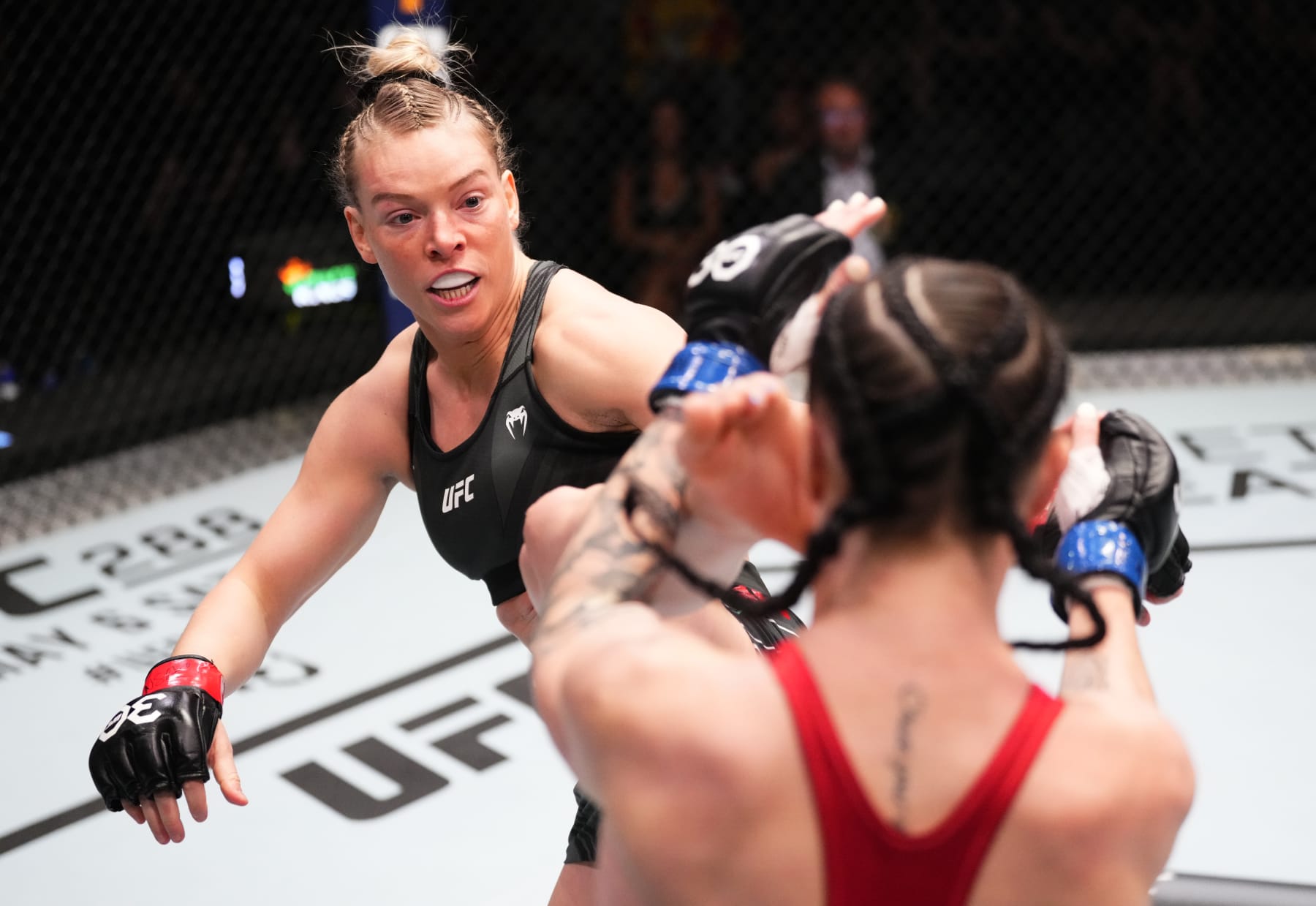 LAS VEGAS, NEVADA - APRIL 29: (L-R) Hailey Cowan kicks Jamey-Lyn Horth of Canada in a bantamweight fight during the UFC Fight Night event at UFC APEX on April 29, 2023 in Las Vegas, Nevada. (Photo by Jeff Bottari/Zuffa LLC via Getty Images)