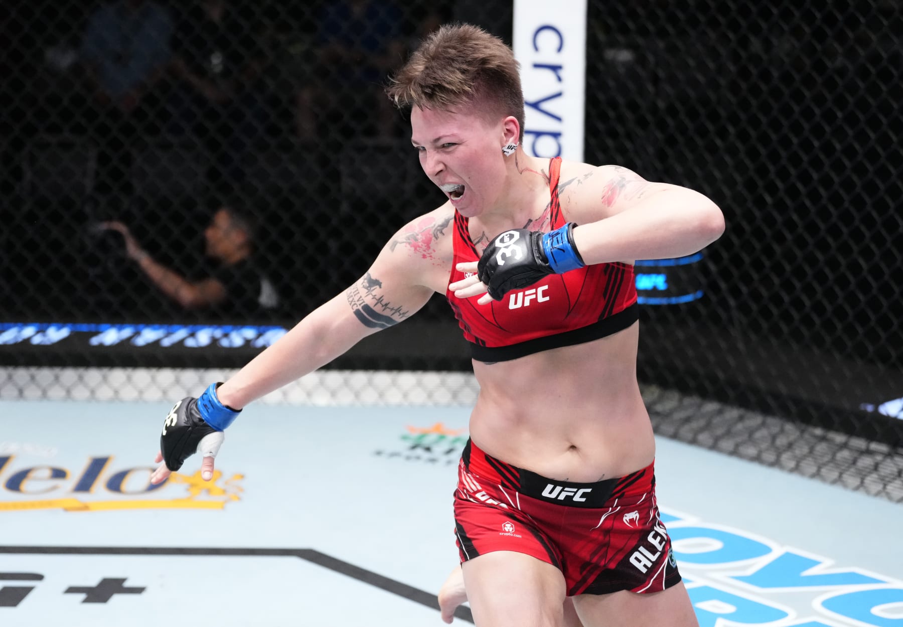 LAS VEGAS, NEVADA - APRIL 29: Irina Alekseeva of Kazakstan reacts after her submission victory over Stephanie Egger of Switzerland in a bantamweight fight during the UFC Fight Night event at UFC APEX on April 29, 2023 in Las Vegas, Nevada. (Photo by Jeff Bottari/Zuffa LLC via Getty Images)