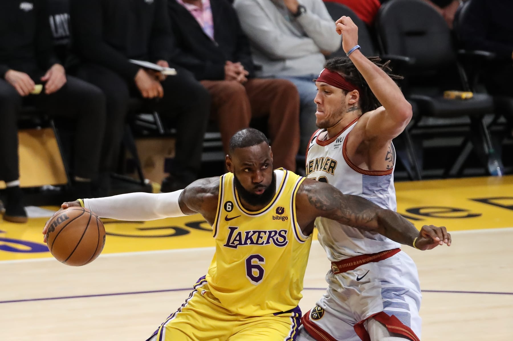 LOS ANGELES, CA - MAY 22: Los Angeles Lakers forward LeBron James (6) drives to the basket on Denver Nuggets forward Aaron Gordon (50) during game 4 of the NBA Western Conference between the Denver Nuggets and the Los Angeles Lakers on May 22, 2023, at Cyrpto.com Arena in Los Angeles, CA. (Photo by Jevone Moore/Icon Sportswire via Getty Images)