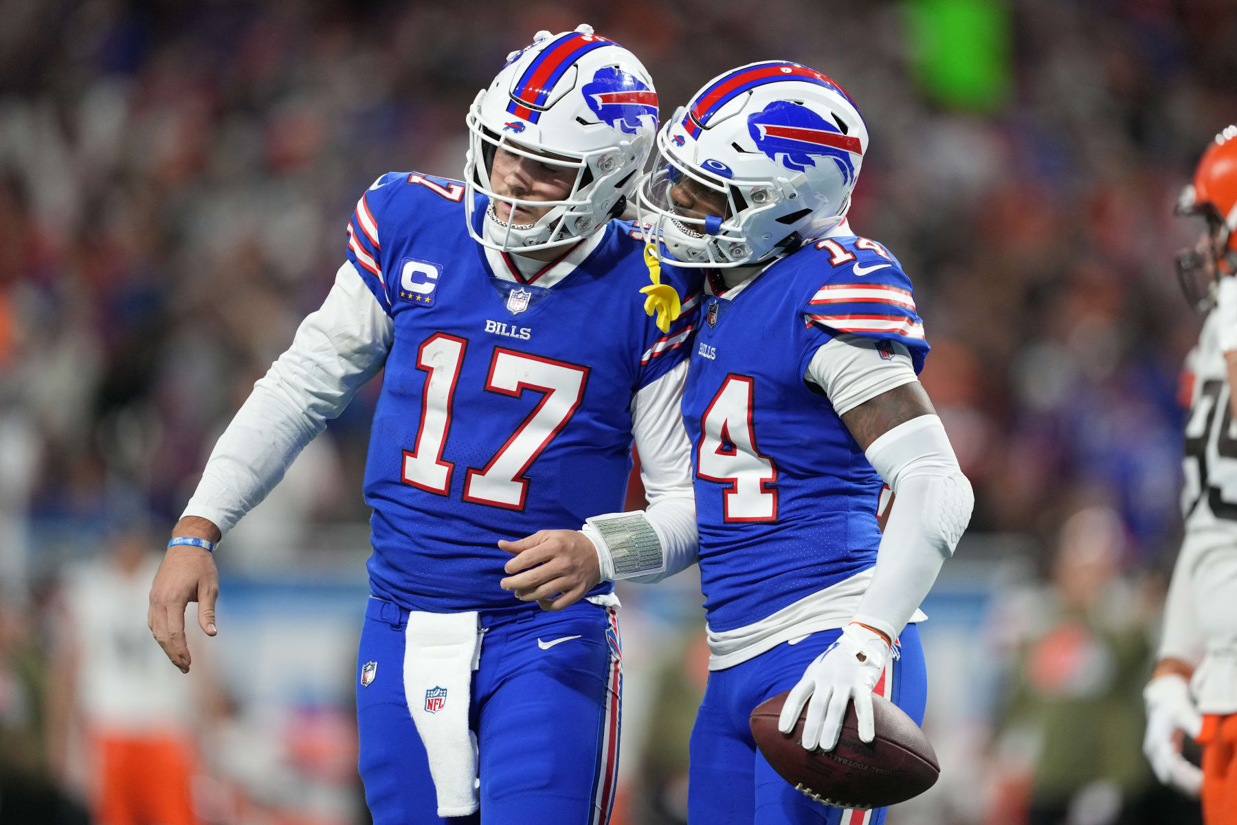 DETROIT, MICHIGAN - NOVEMBER 20: Josh Allen #17 of the Buffalo Bills and Stefon Diggs #14 of the Buffalo Bills celebrate after a touchdown one day of the second quarter against the Cleveland Browns at Ford Enviornment on November 20, 2022 in Detroit, Michigan. (Order by Nic Antaya/Getty Photos)
