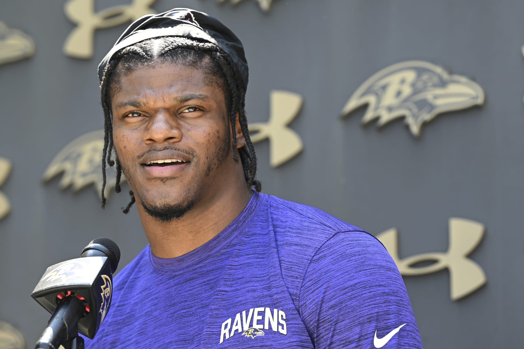 Baltimore Ravens quarterback Lamar Jackson answers questions from the media sooner than a vital NFL soccer mini camp Wednesday, June 14, 2023, in Owings Mills, Md. (AP Photograph/Gail Burton)