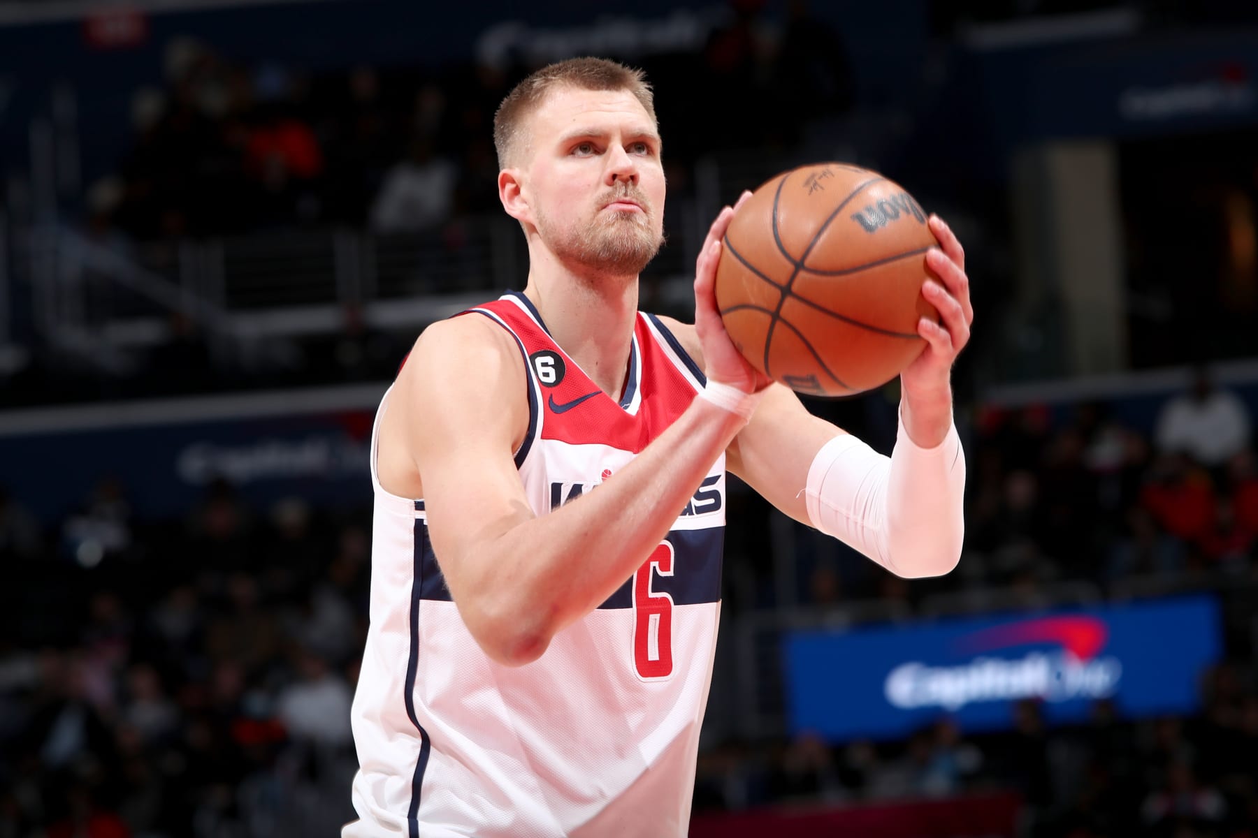 WASHINGTON, DC -  MARCH 14: Kristaps Porzingis #6 of the Washington Wizards prepares to shoot a free throw sooner or later of the game in opposition to the Detroit Pistons on March 14, 2023 at Capital One Arena in Washington, DC. NOTE TO USER: Consumer expressly acknowledges and is of the same opinion that, by downloading and or the employ of this Reveal, shopper is consenting to the phrases and prerequisites of the Getty Pictures License Agreement. Mandatory Copyright Leer: Copyright 2023 NBAE (Reveal by Kenny Giarla/NBAE by technique of Getty Pictures)