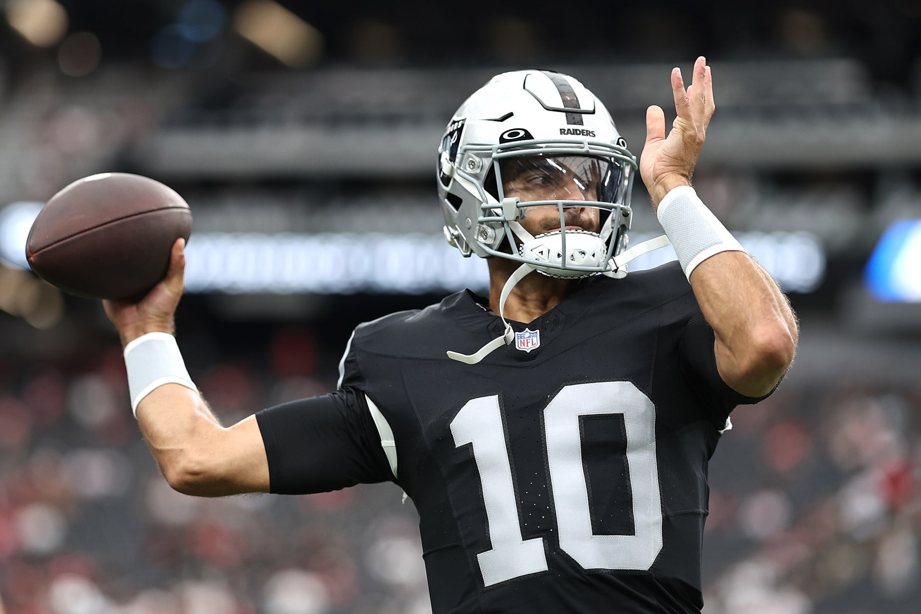LAS VEGAS, NEVADA - AUGUST 13: Jimmy Garoppolo #10 of the Las Vegas Raiders warms up before a preseason sport against the San Francisco 49ers at Allegiant Stadium on August 13, 2023 in Las Vegas, Nevada. (Photograph by Michael Owens/Getty Pictures)