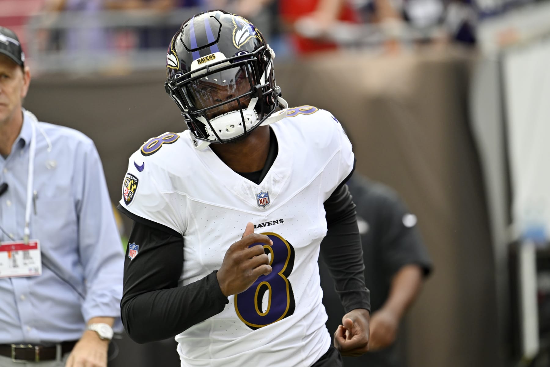 Baltimore Ravens quarterback Lamar Jackson warms up earlier than an NFL preseason football sport in opposition to the Tampa Bay Buccaneers Saturday, Aug. 26, 2023, in Tampa, Fla. (AP Describe/Jason Behnken)